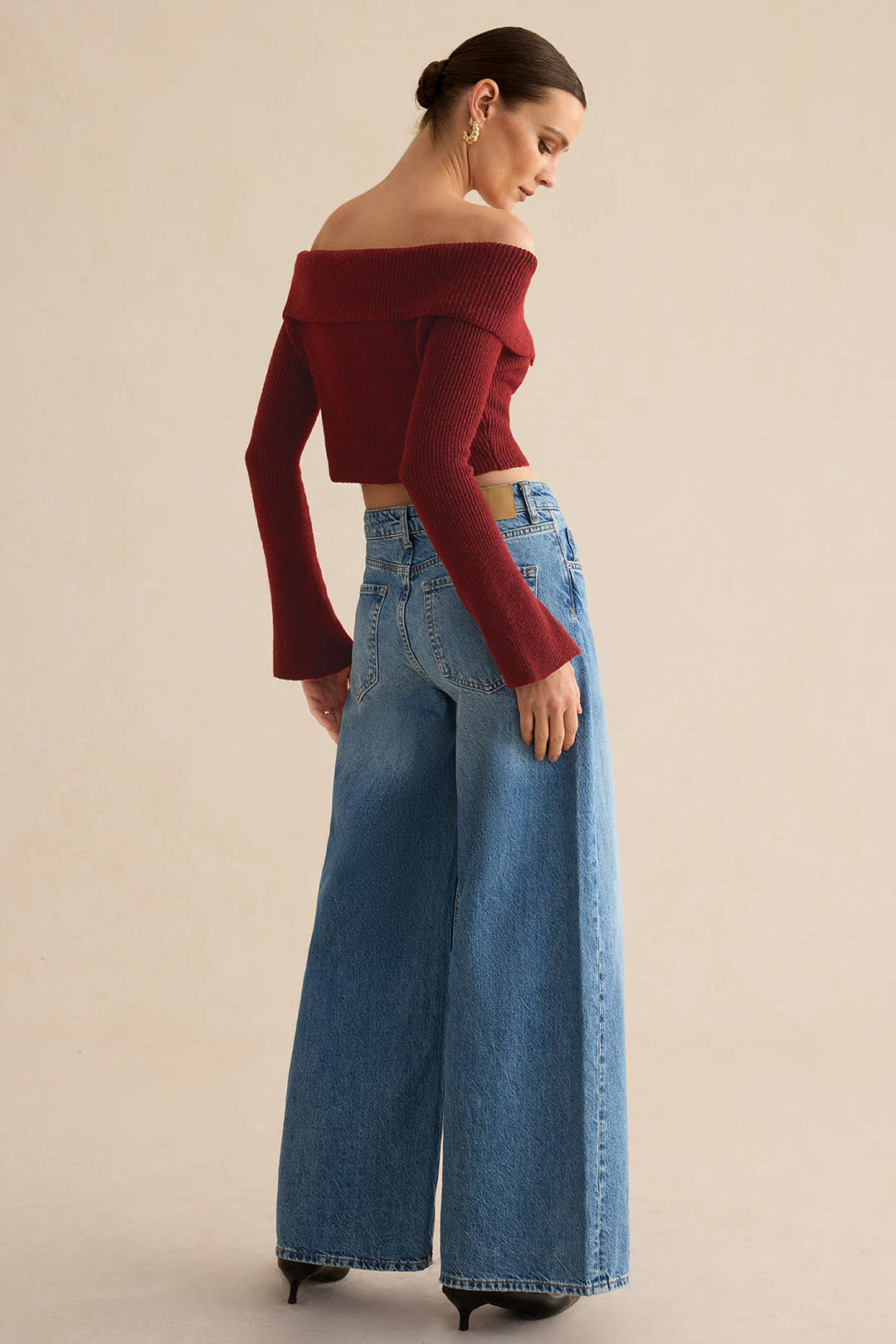 Solid Knit Metallic Off Shoulder Long-Sleeve Top - Image 3