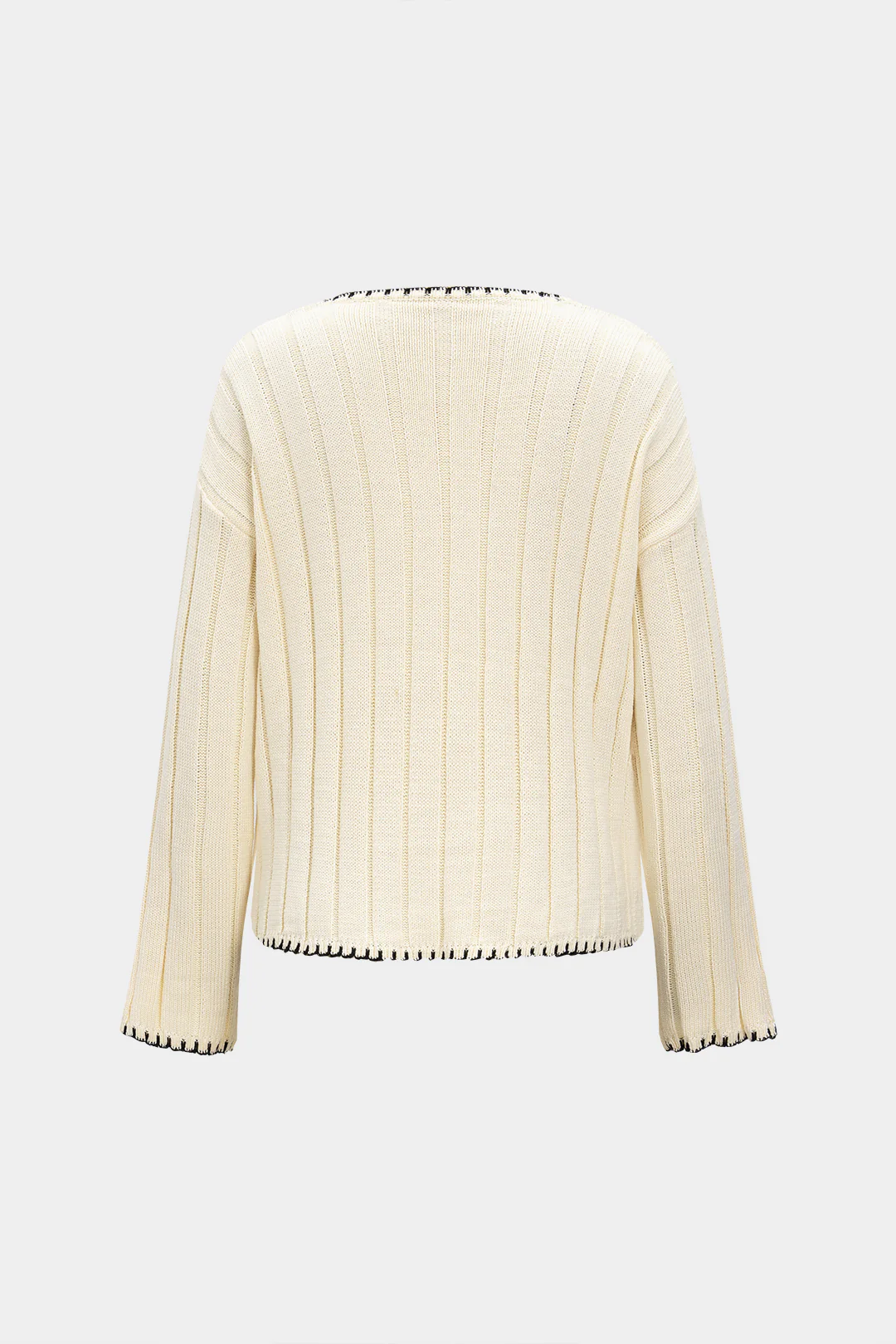Knit V-Neck Contrast Binding Pocket Long-Sleeve Top - Image 2