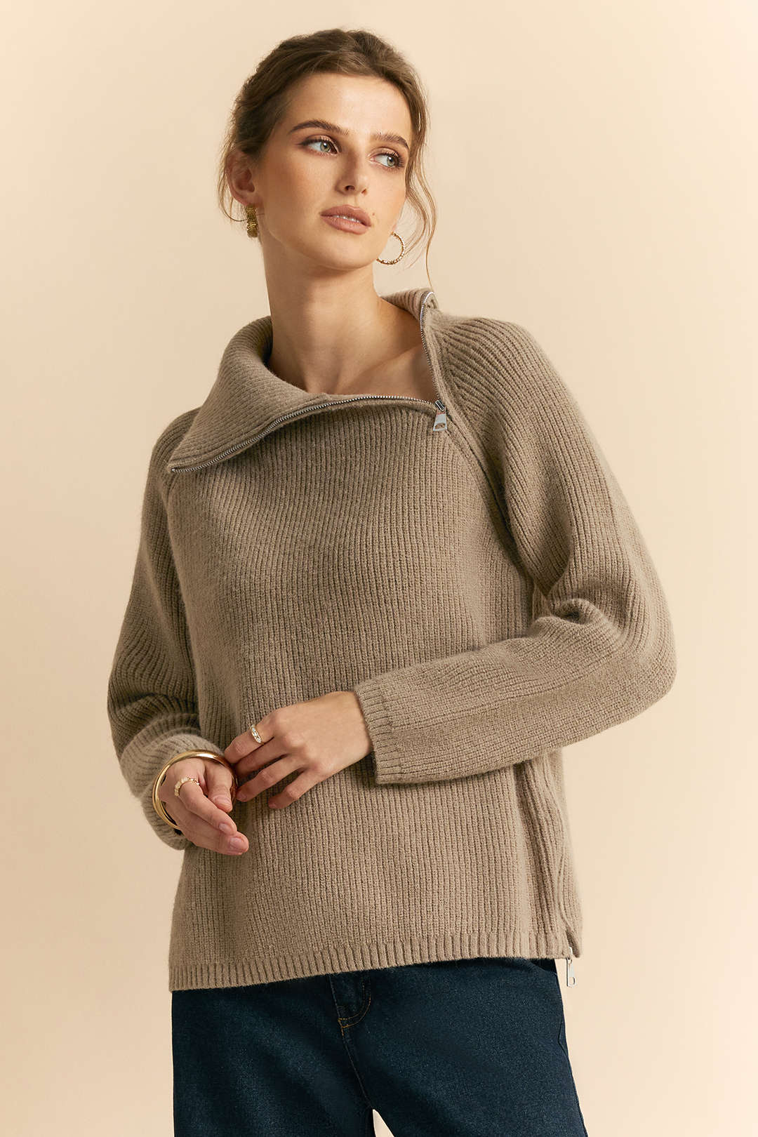 Knit Zipper Turn-Down Collar Long-Sleeve Top - Image 4