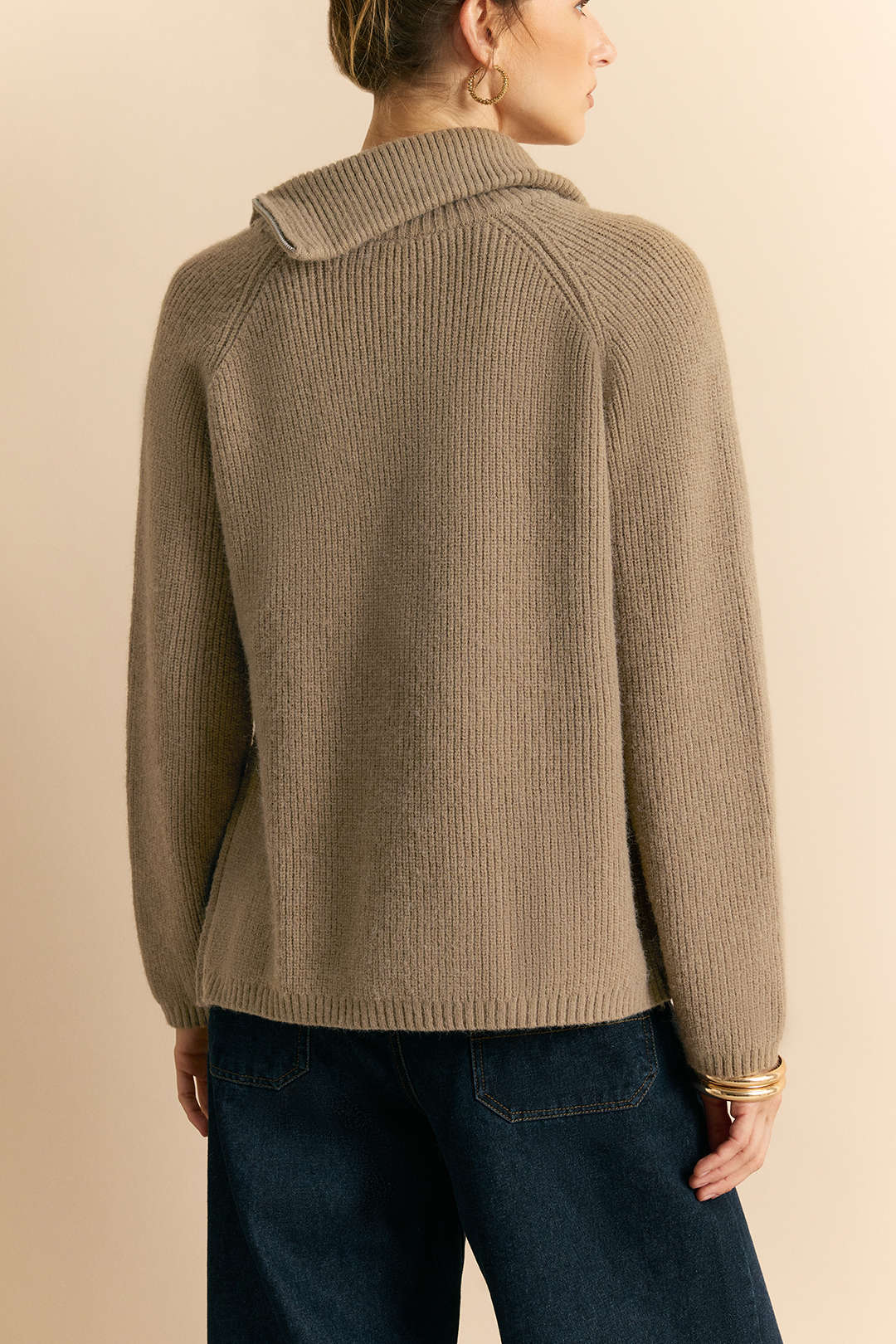 Knit Zipper Turn-Down Collar Long-Sleeve Top - Image 5