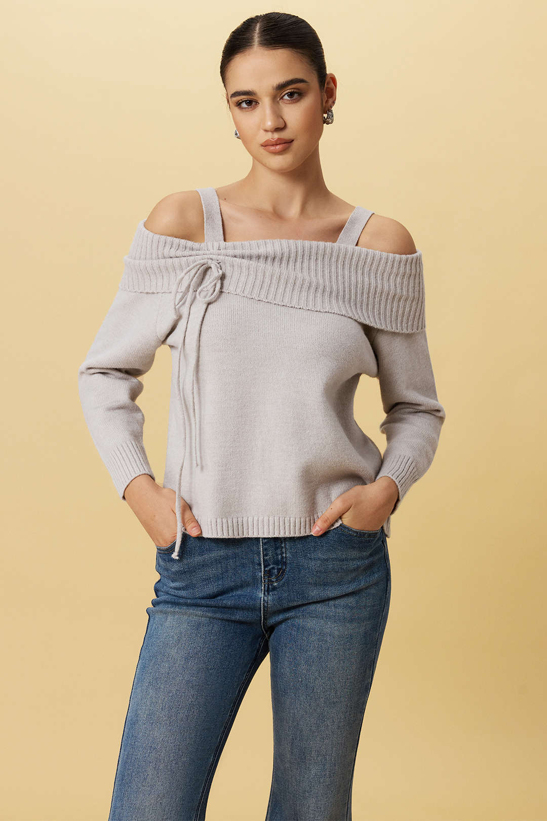 Knit Off-Shoulder Bow Long-Sleeve Top