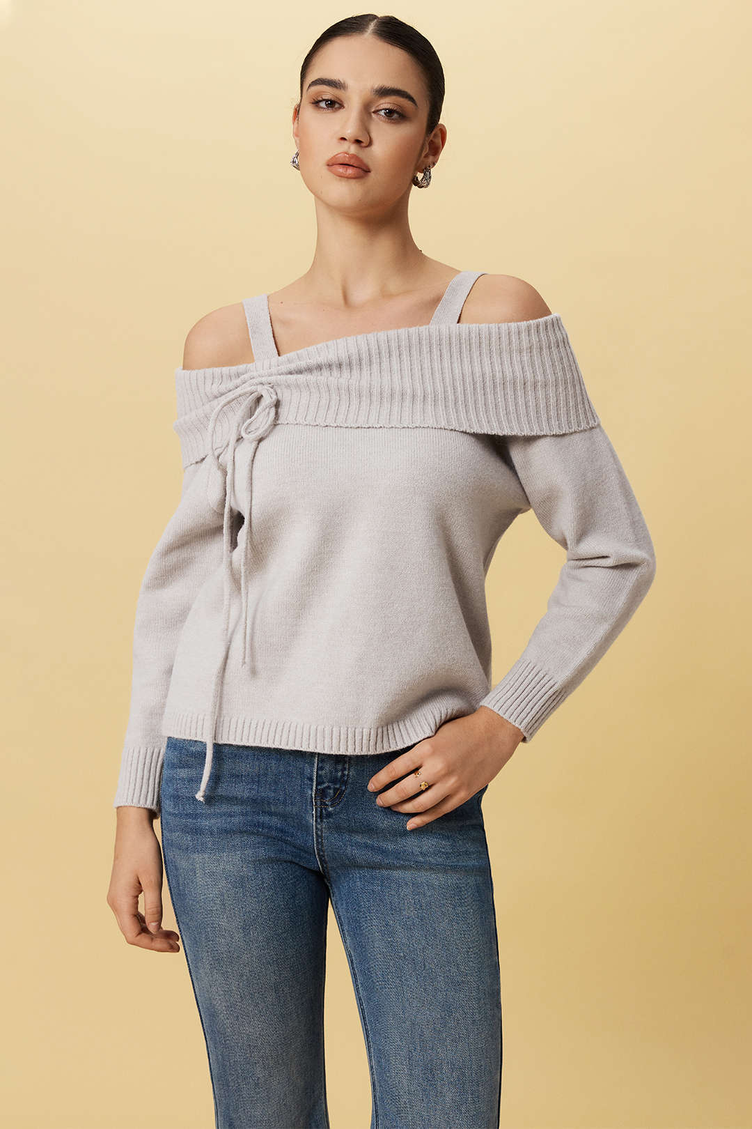 Knit Off-Shoulder Bow Long-Sleeve Top - Image 4