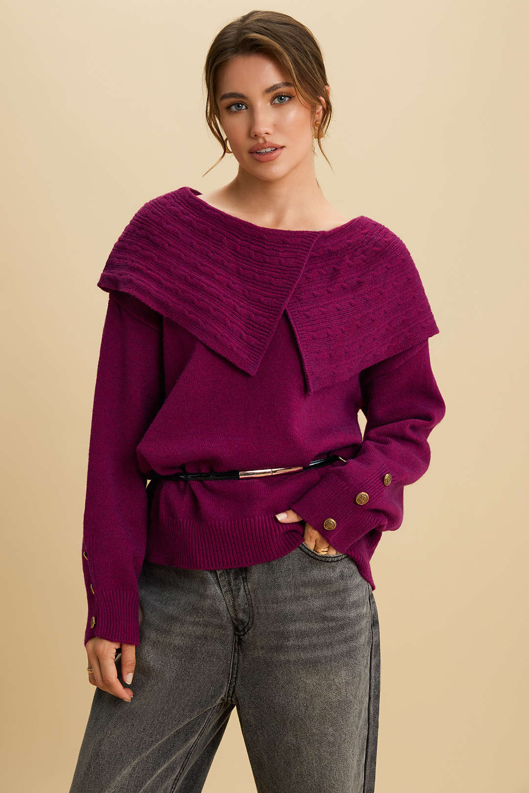 Knit Irregular Lapel Button Long-Sleeve Top