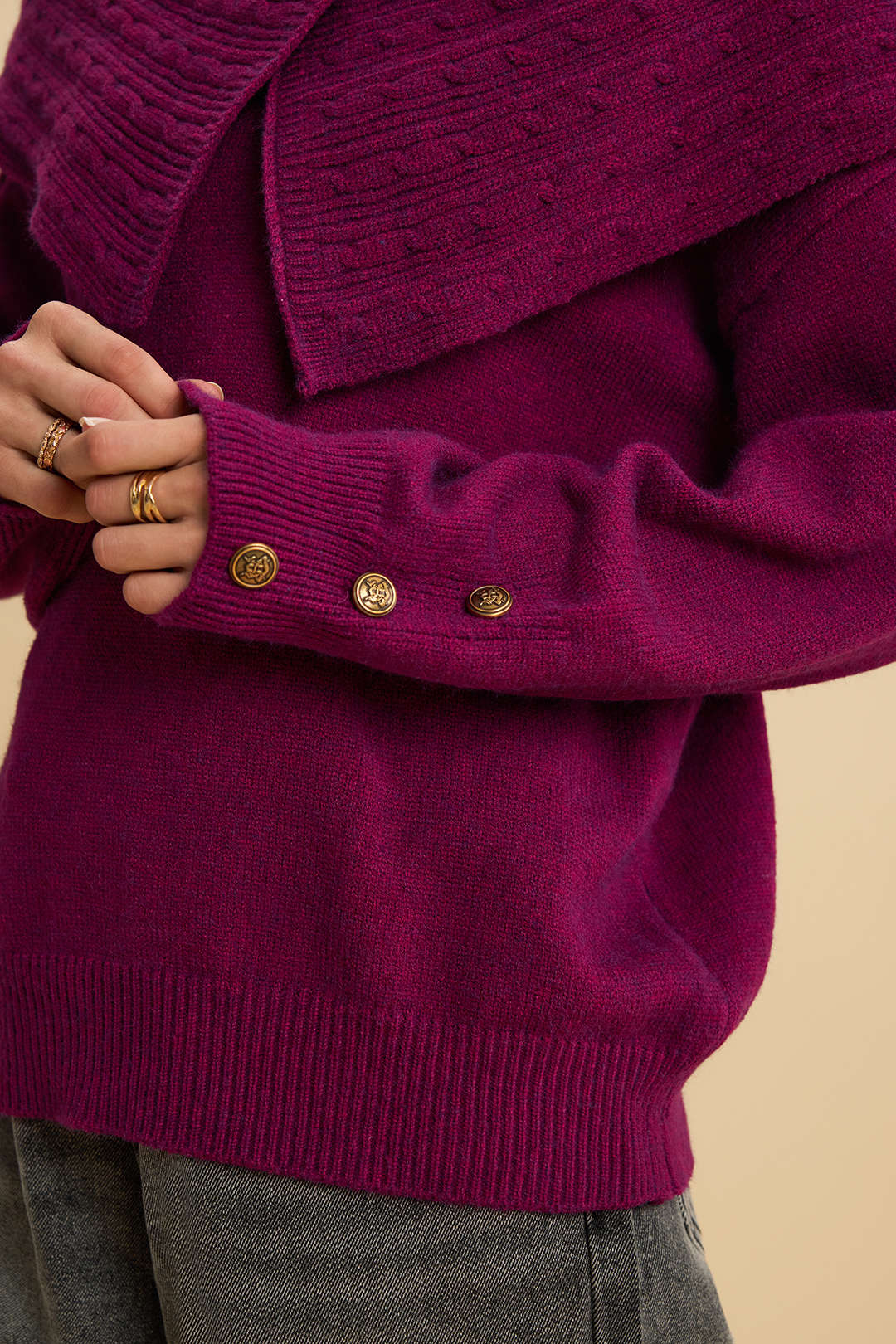 Knit Irregular Lapel Button Long-Sleeve Top - Image 3