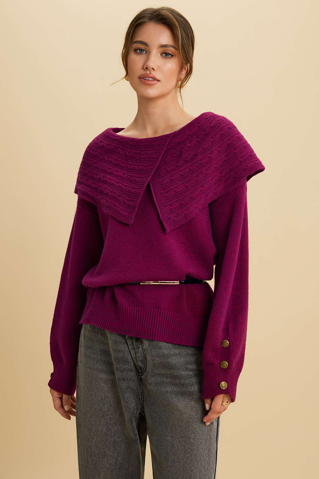 Knit Irregular Lapel Button Long-Sleeve Top - Image 4