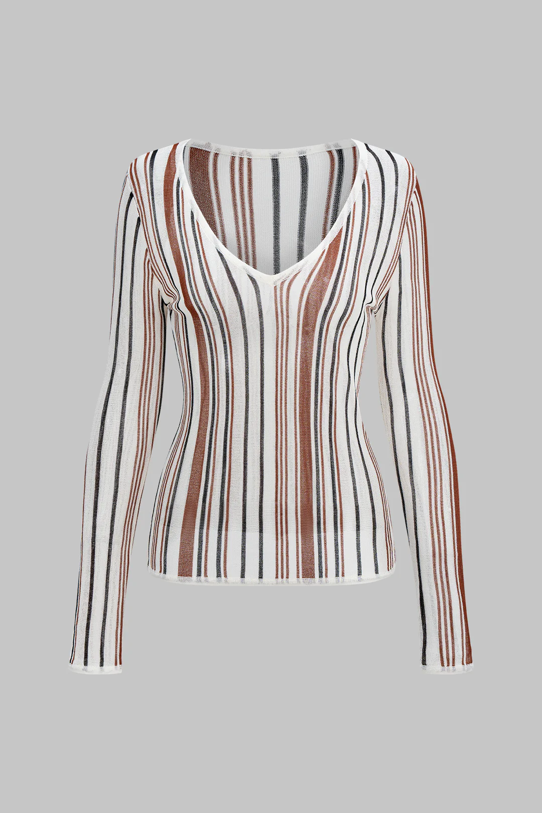 Knit Stripes Print V-Neck Long-Sleeve Top