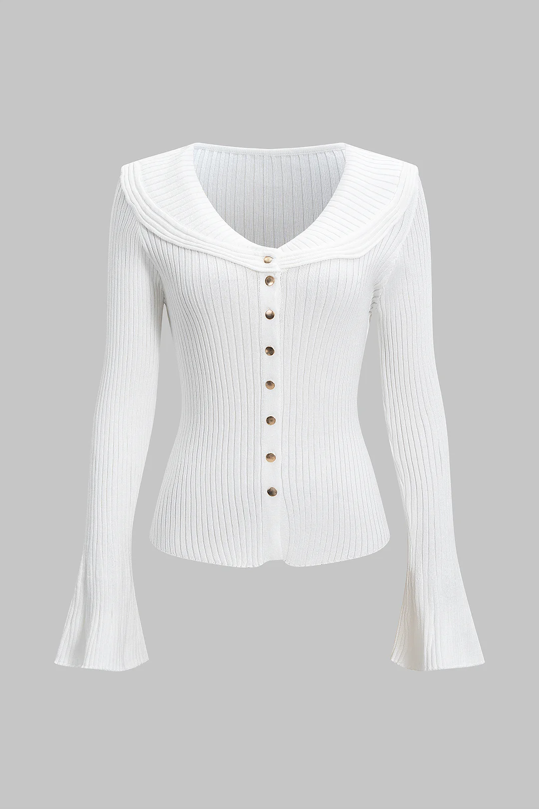 Ribbed Button Bell Sleeve Long-Sleeve Sweater Top