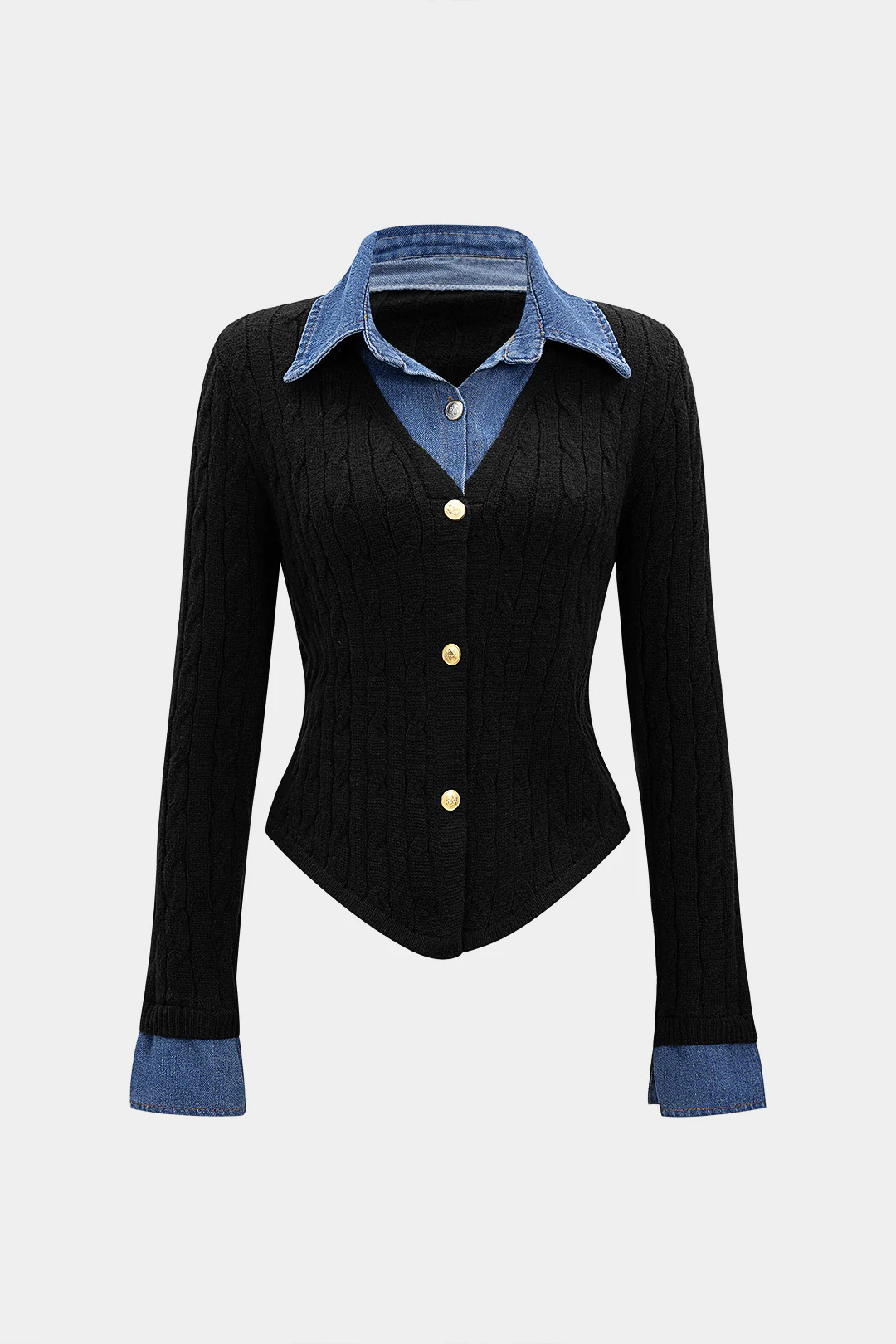 Cable Knit Patchwork Button Long-Sleeve Top - Image 5