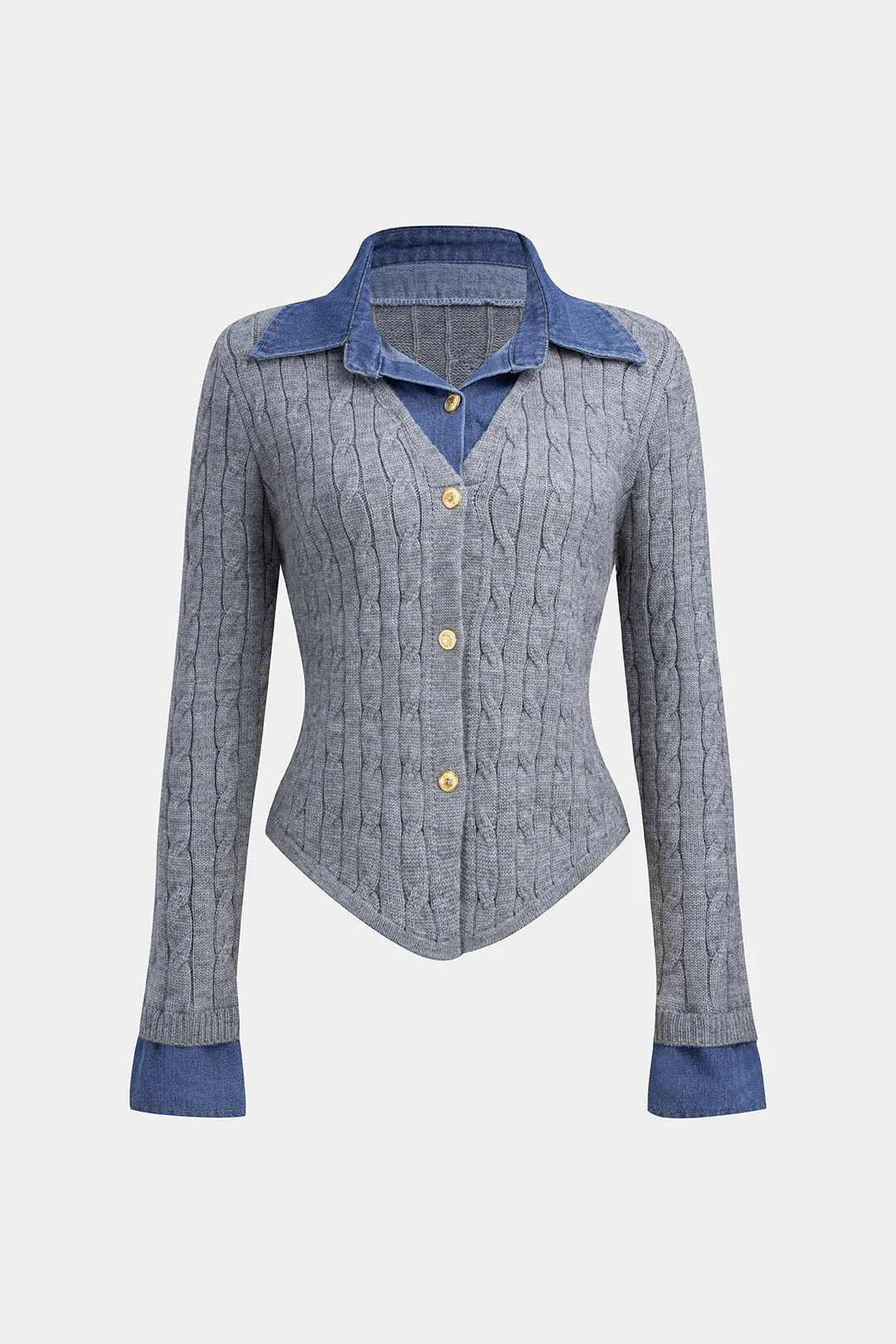 Cable Knit Patchwork Button Long-Sleeve Top - Image 6