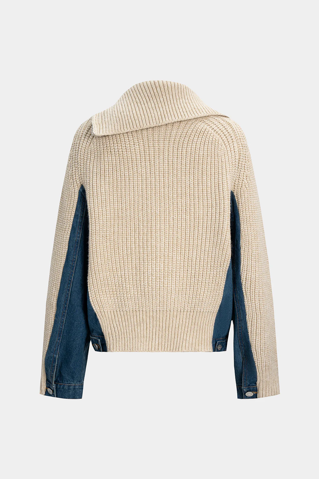 Knit Denim Patchwork Asymmetric Zipper Cardigan - Image 2