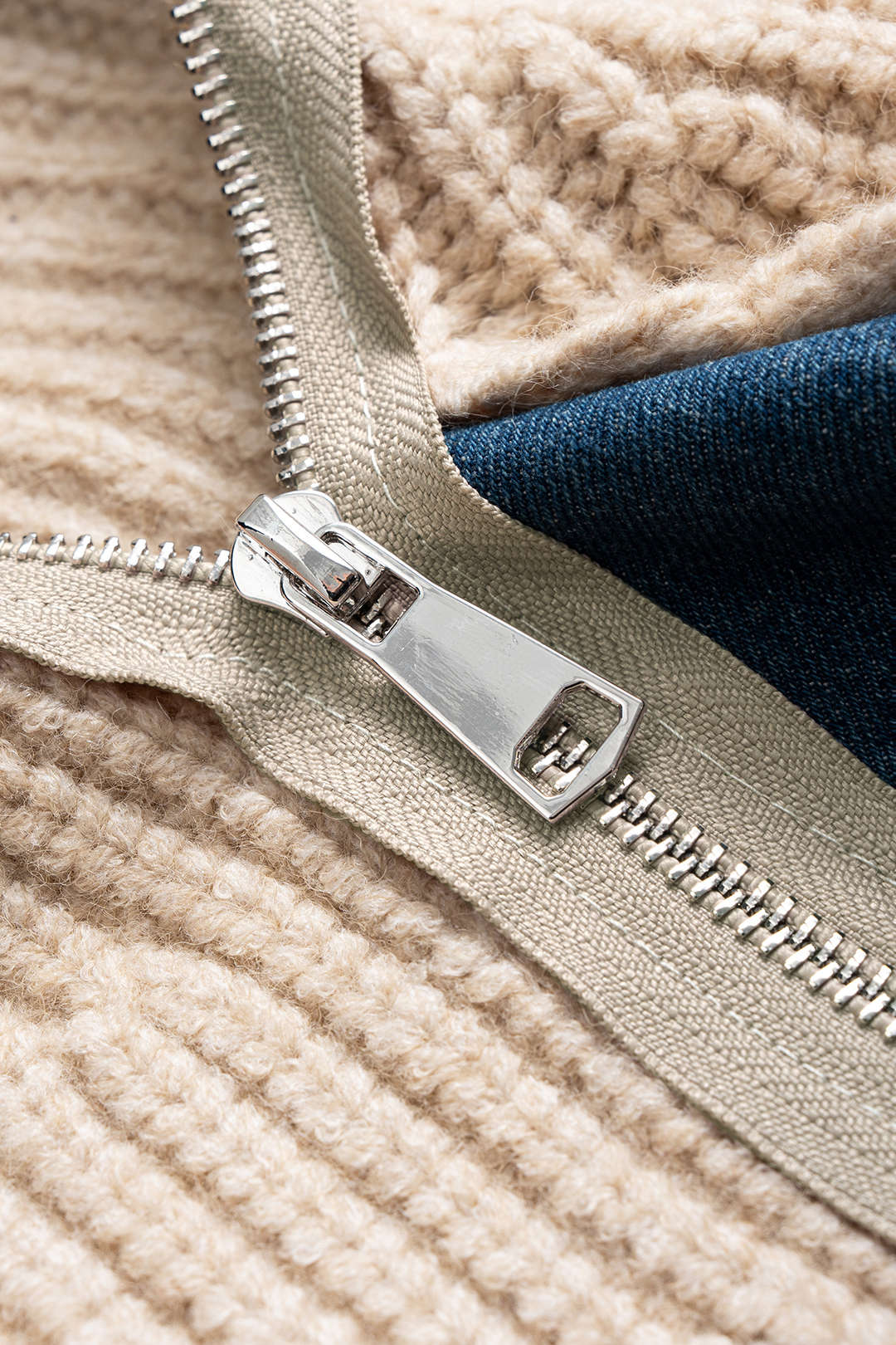 Knit Denim Patchwork Asymmetric Zipper Cardigan - Image 3