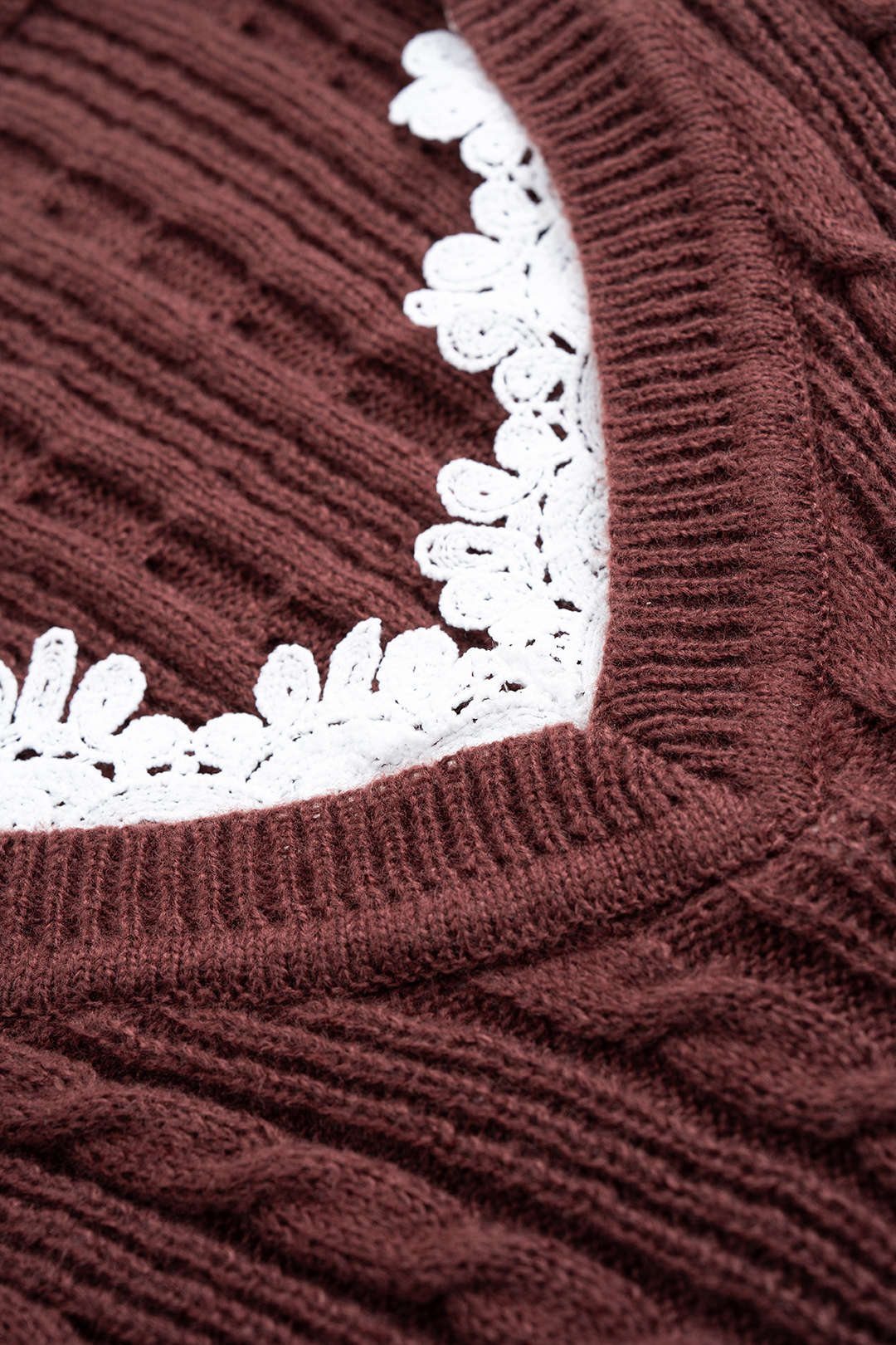 Cable Knit Lace Patchwork V-Neck Long Sleeve Top - Image 3
