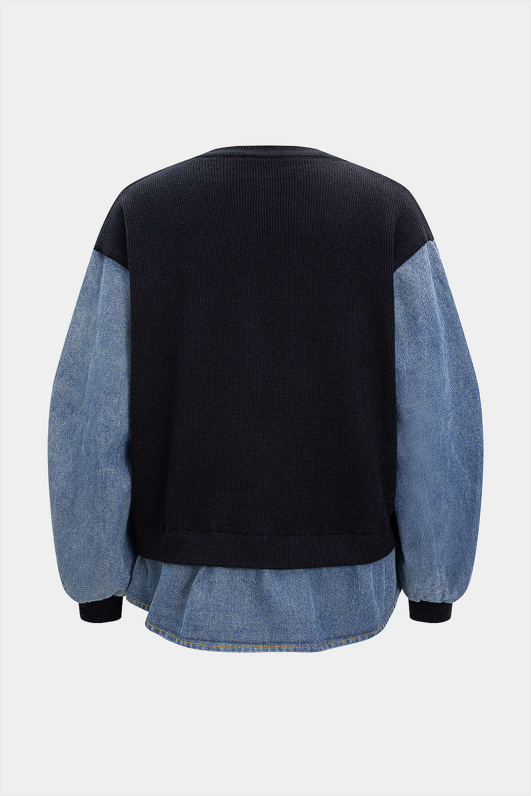 Knit Denim Patchwork Chain Decor Ruched Long-Sleeve Top - Image 2