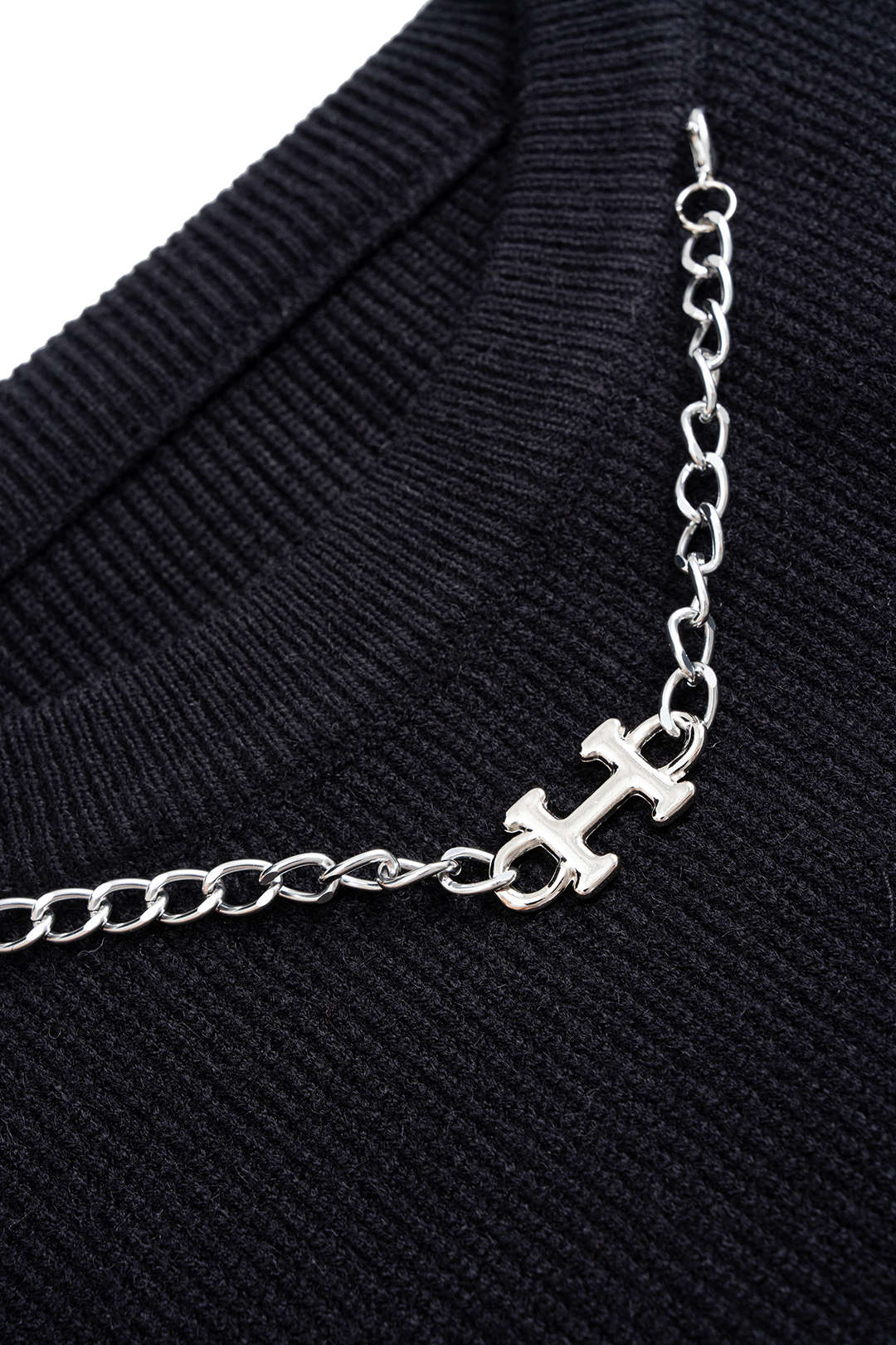 Knit Denim Patchwork Chain Decor Ruched Long-Sleeve Top - Image 3