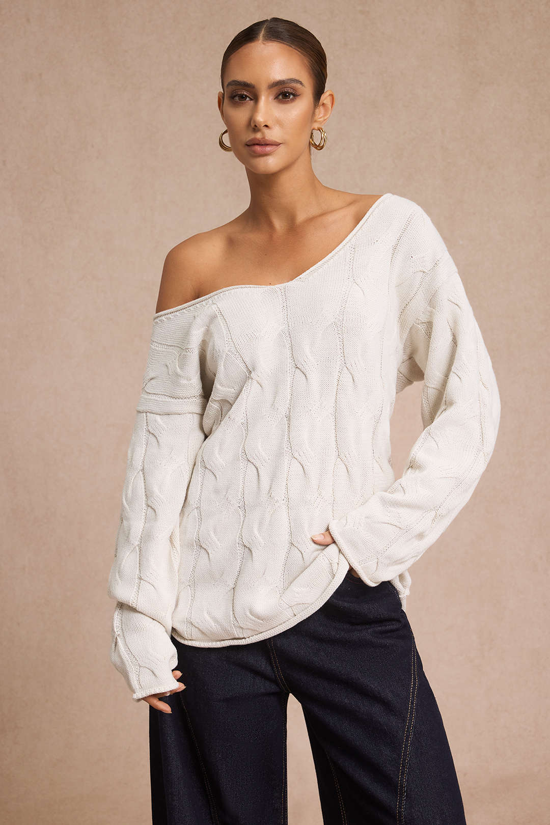 Cable Knit Asymmetrical Neck Long-Sleeve Top - Image 2