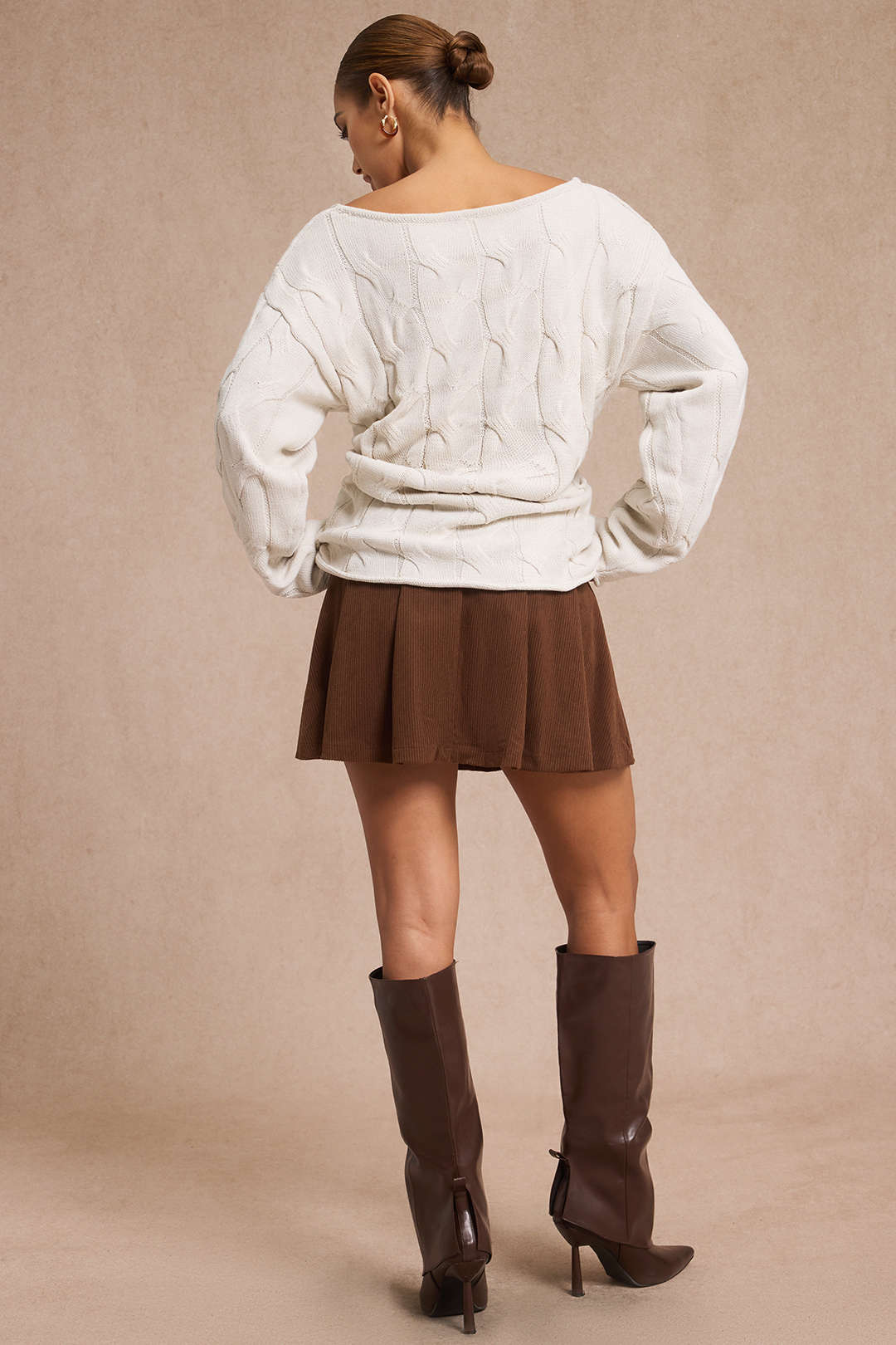 Cable Knit Asymmetrical Neck Long-Sleeve Top - Image 3