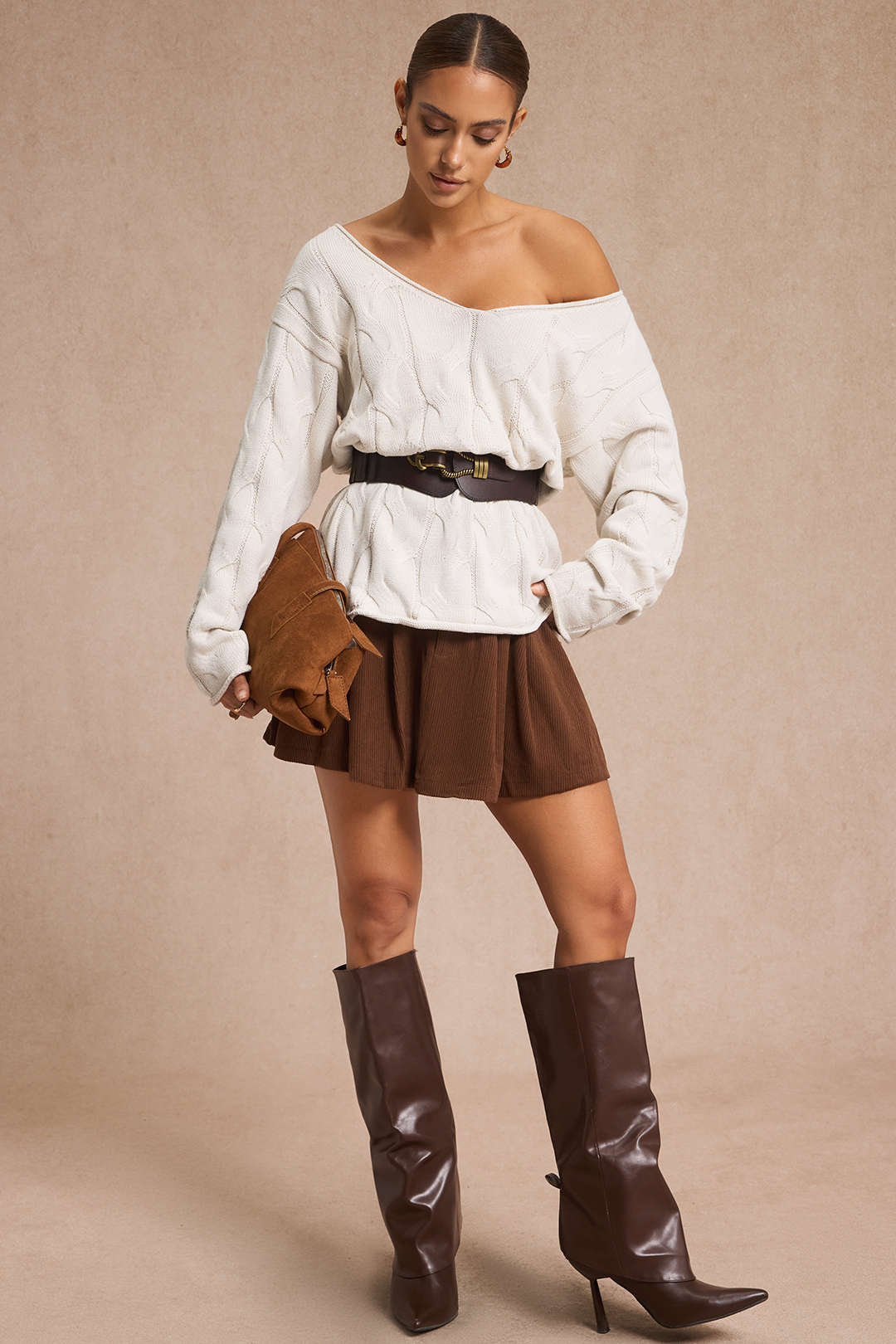 Cable Knit Asymmetrical Neck Long-Sleeve Top - Image 4