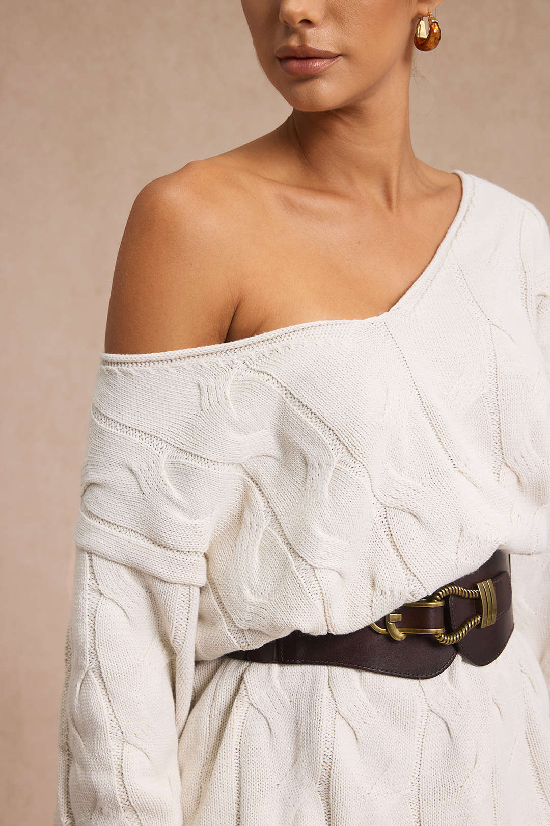 Cable Knit Asymmetrical Neck Long-Sleeve Top - Image 5