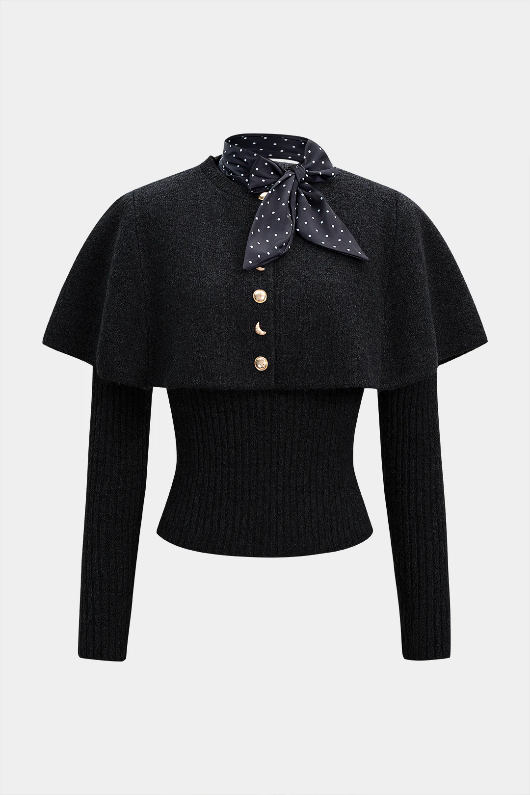 Knit Metallic Irregular Button Long-Sleeve Top With Scarf - Image 5