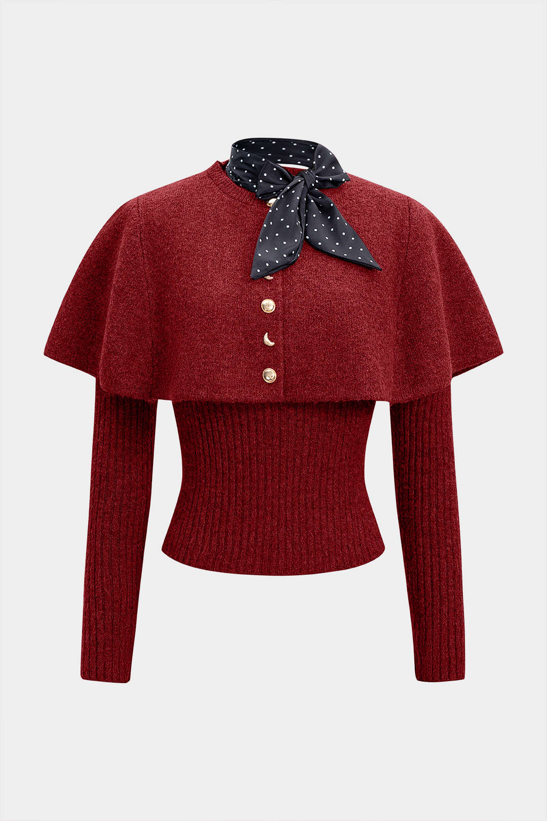 Knit Metallic Irregular Button Long-Sleeve Top With Scarf - Image 6
