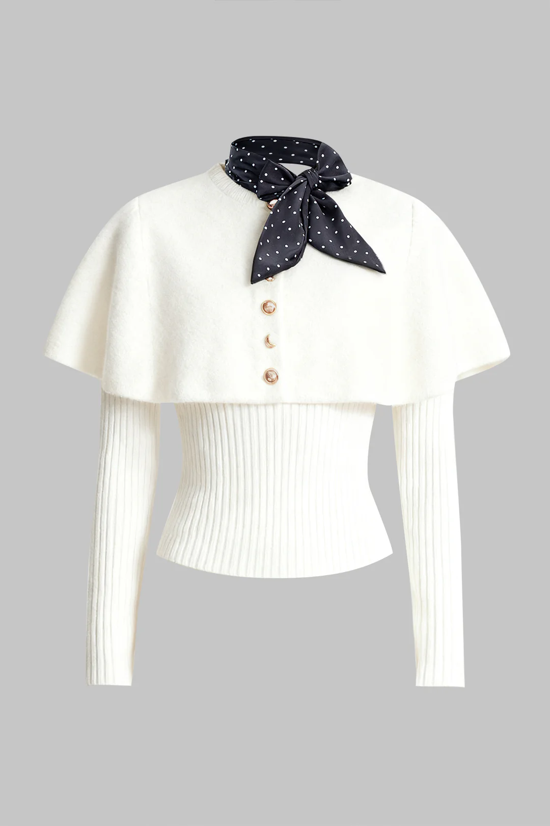 Knit Metallic Irregular Button Long-Sleeve Top With Scarf - Image 7