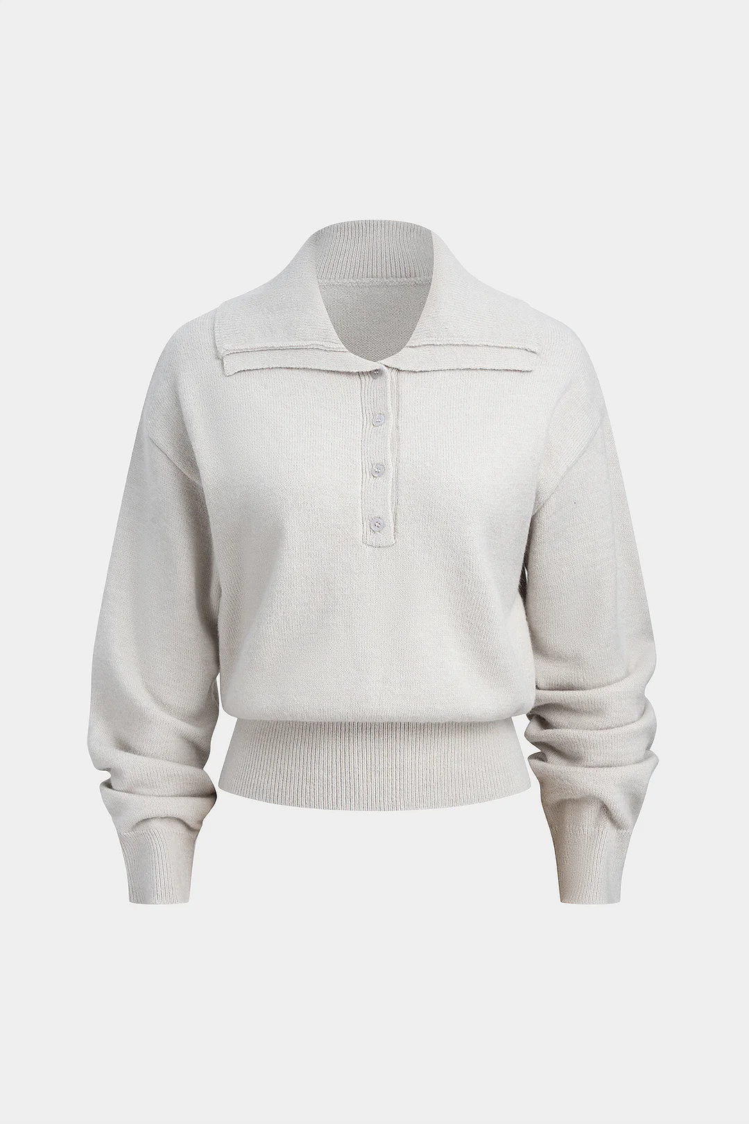 Knit Button Polo Collar Long-Sleeve Top