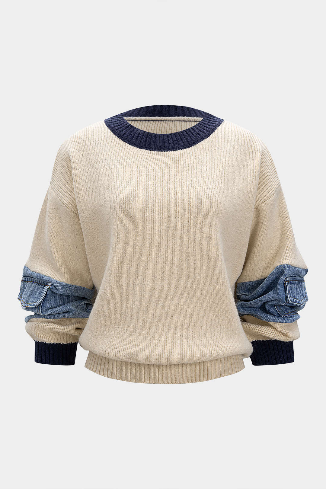 Knit Denim Patchwork Contrast Ribbed Long-Sleeve Top