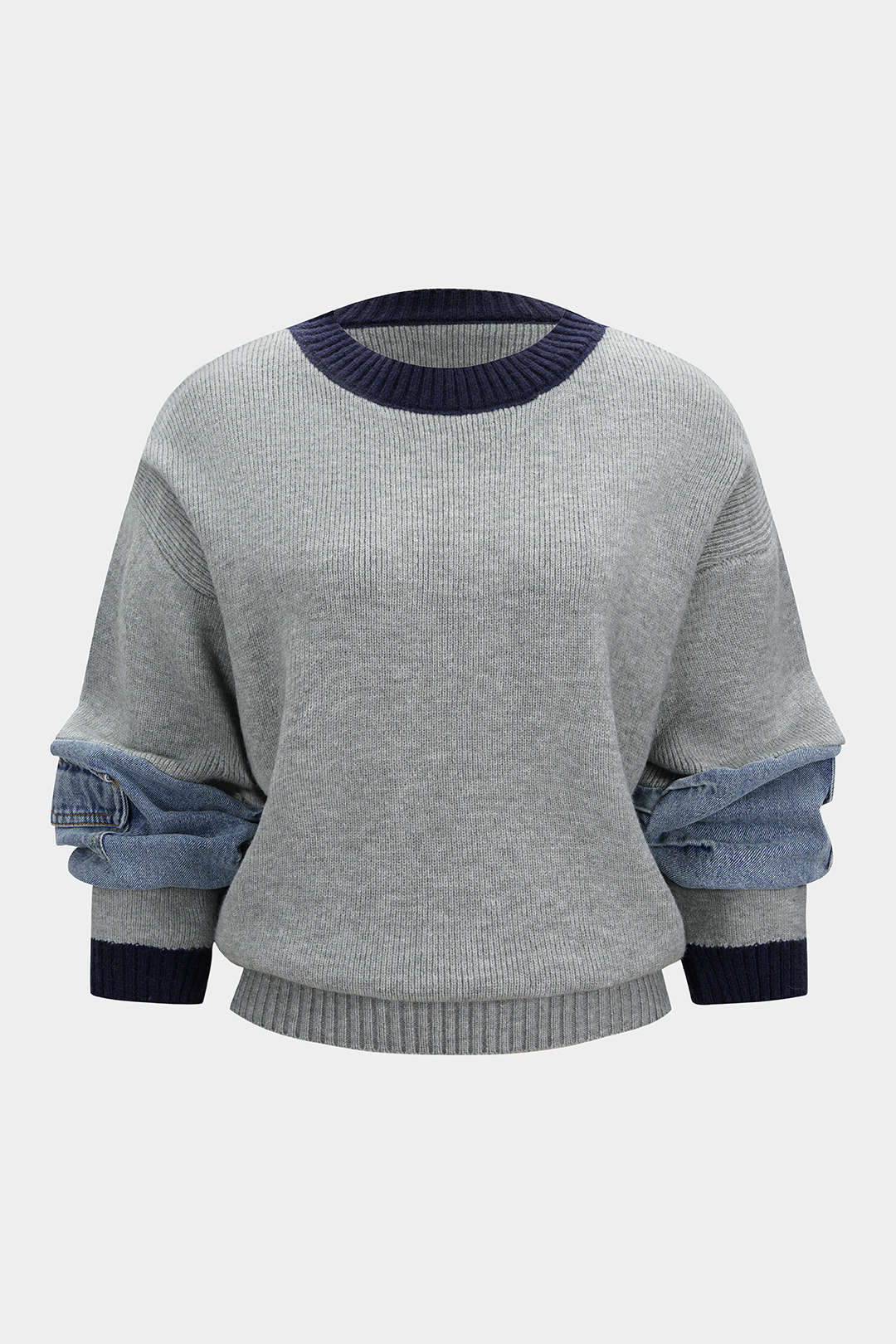 Knit Denim Patchwork Contrast Ribbed Long-Sleeve Top - Image 10