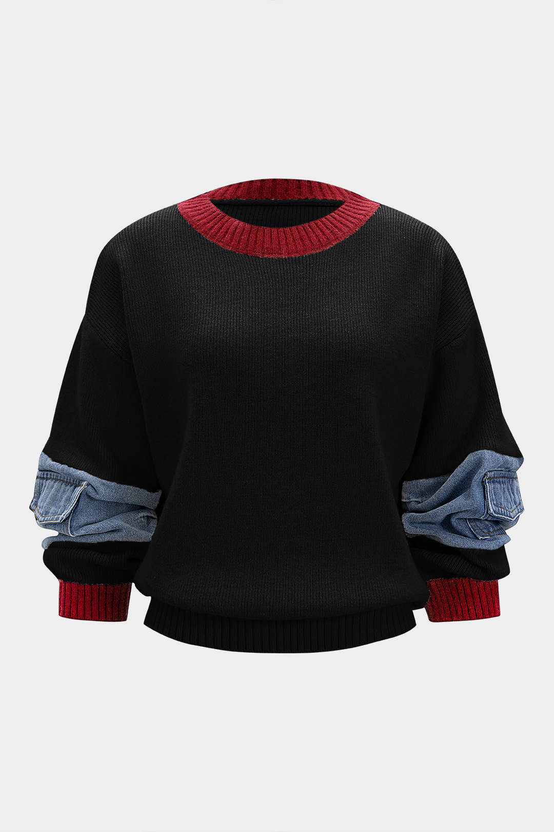 Knit Denim Patchwork Contrast Ribbed Long-Sleeve Top - Image 11