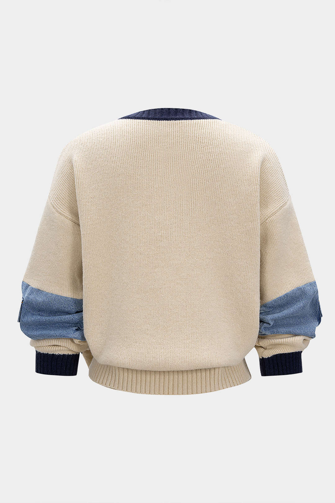 Knit Denim Patchwork Contrast Ribbed Long-Sleeve Top - Image 4