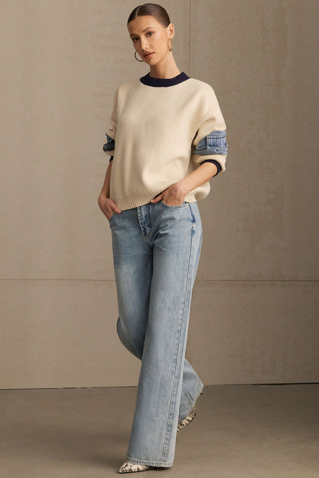 Knit Denim Patchwork Contrast Ribbed Long-Sleeve Top - Image 5