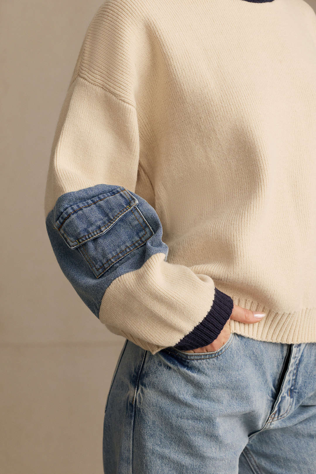 Knit Denim Patchwork Contrast Ribbed Long-Sleeve Top - Image 8