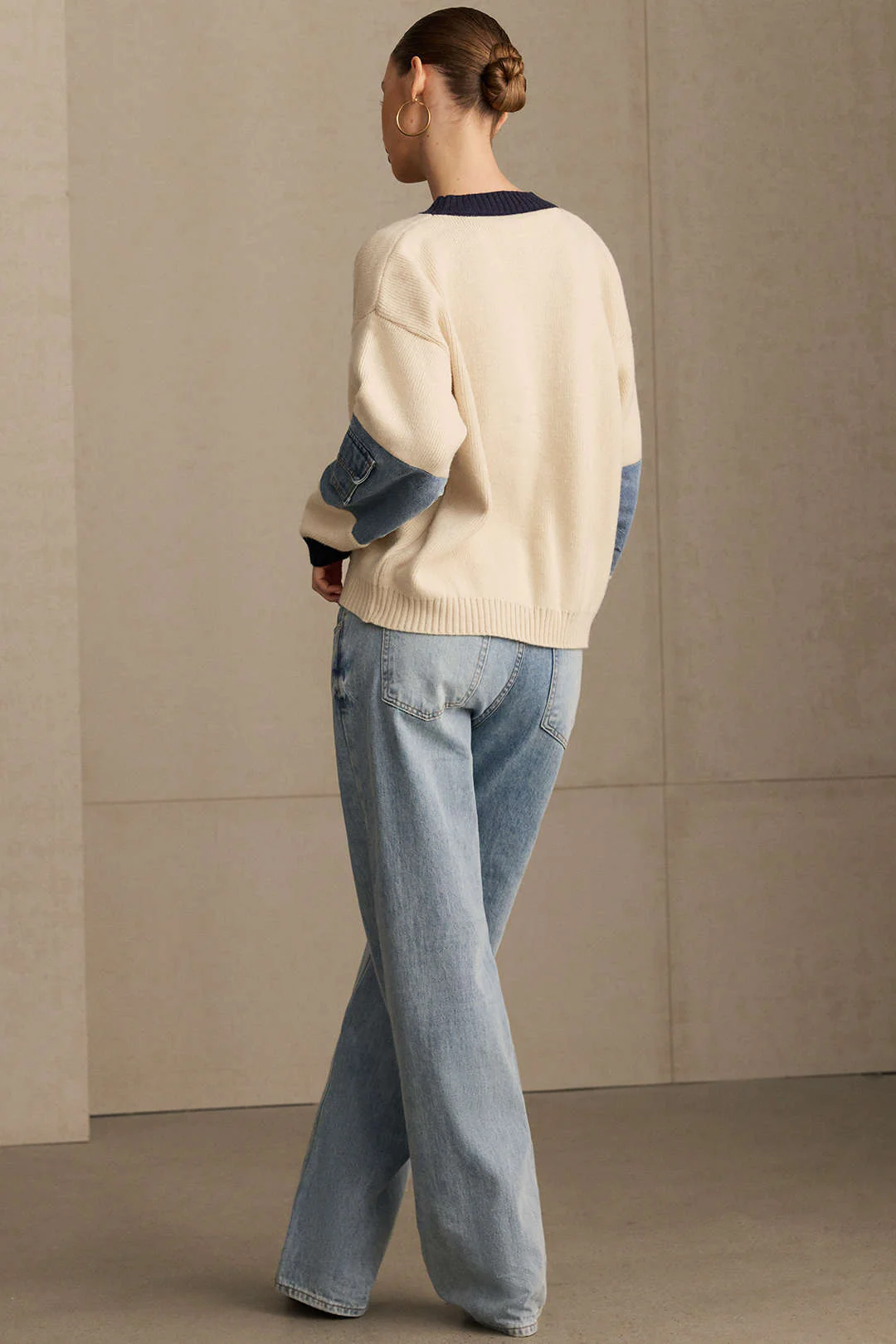 Knit Denim Patchwork Contrast Ribbed Long-Sleeve Top - Image 9
