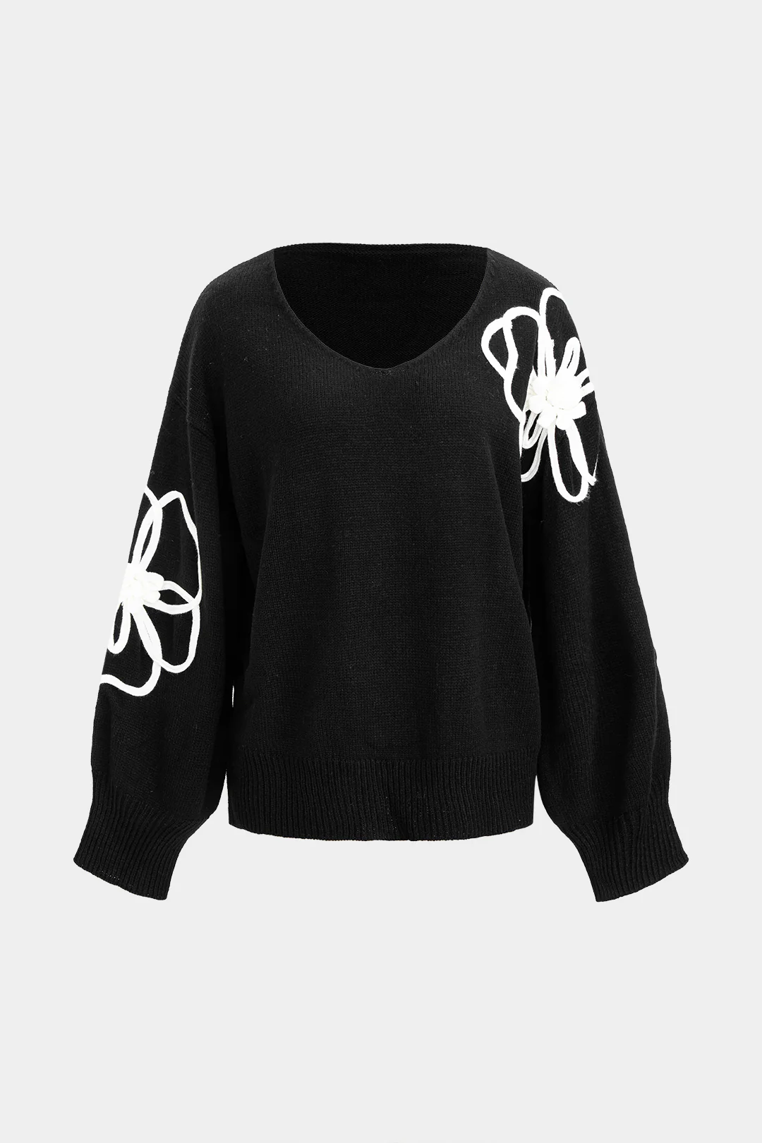 Knit V-Neck Flower Applique Long-Sleeve Top - Image 2