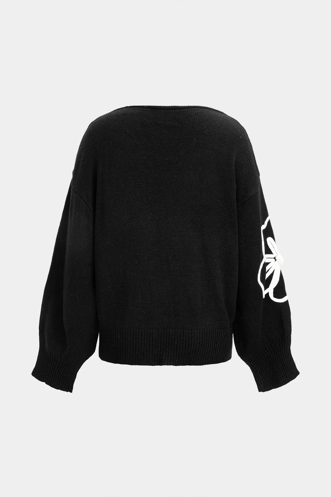 Knit V-Neck Flower Applique Long-Sleeve Top - Image 3