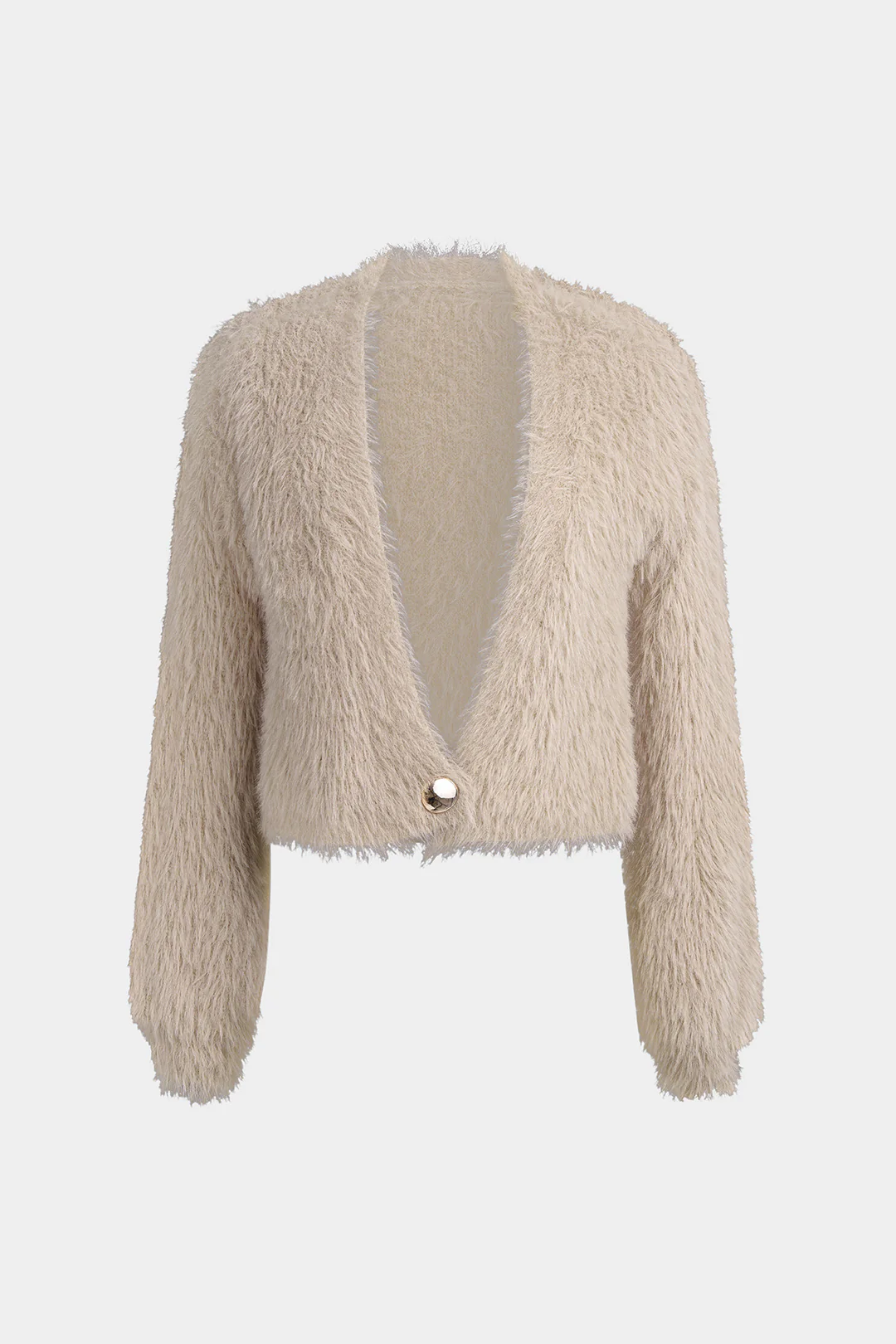 Plush Knit V-Neck One Button Long-Sleeve Top - Image 5