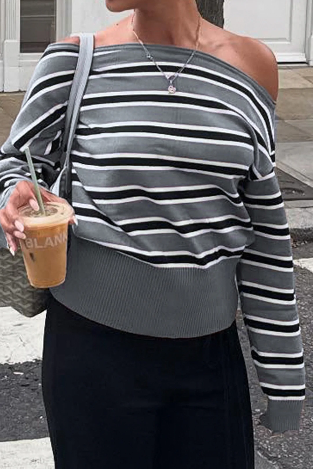 Knit Stripes Contrast Print One Shoulder Long-Sleeve Top