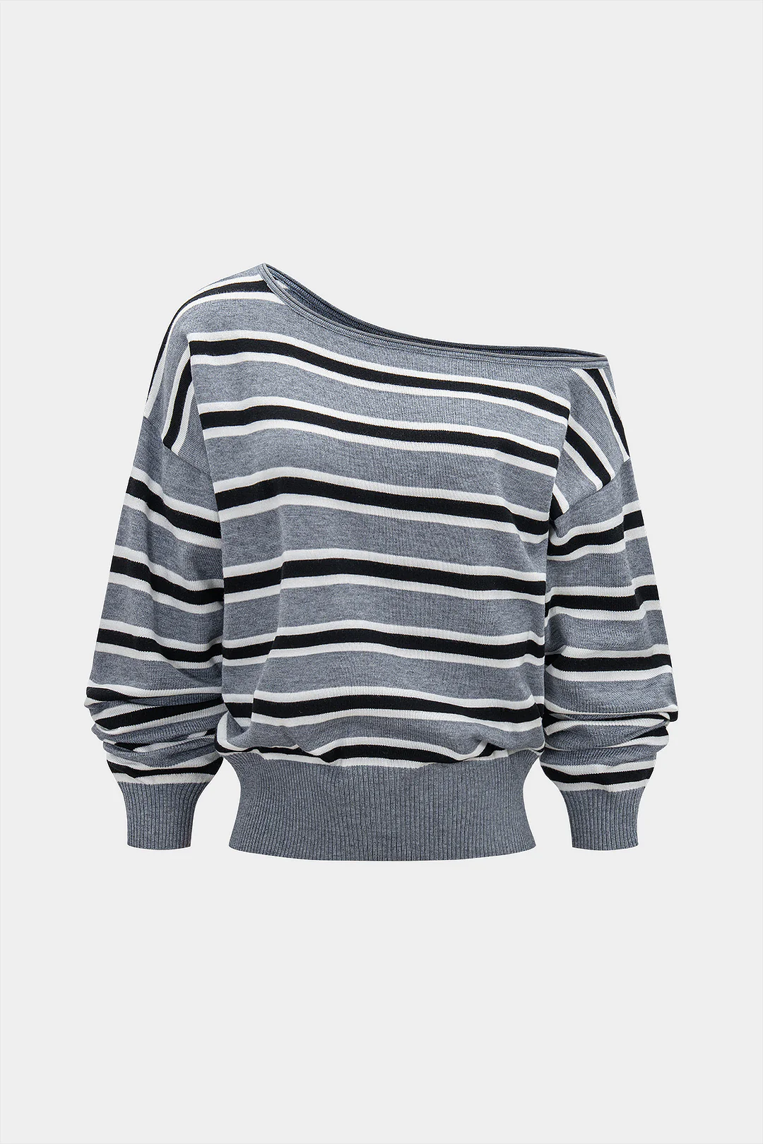Knit Stripes Contrast Print One Shoulder Long-Sleeve Top - Image 2