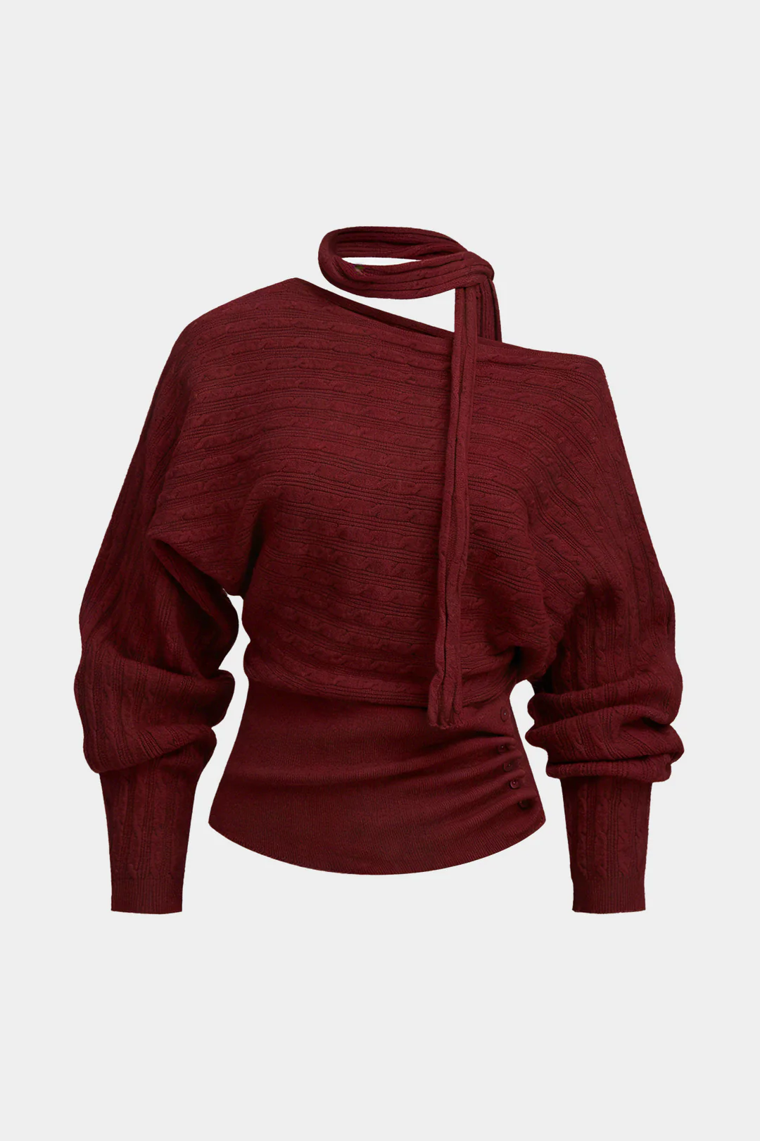 Cable Knit Asymmetrical Button Long-Sleeve Top - Image 6