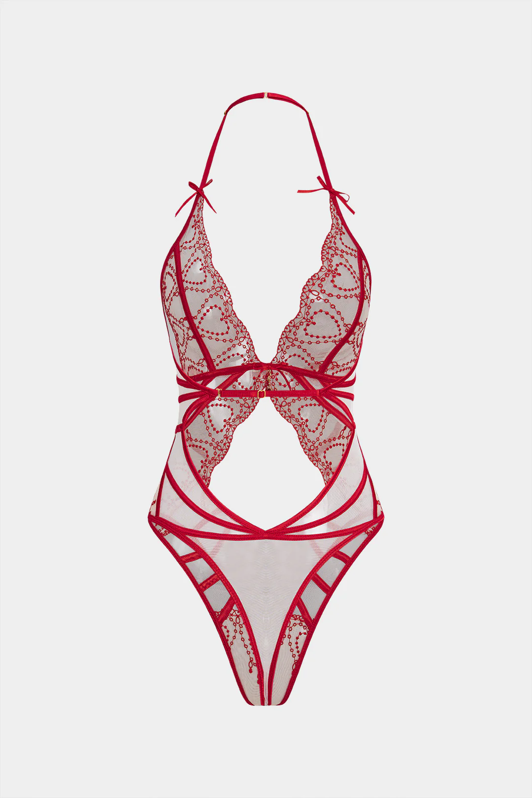 Sheer Embroidery Halter Neck Bow Cut Out Lingerie Bodysuit - Image 8