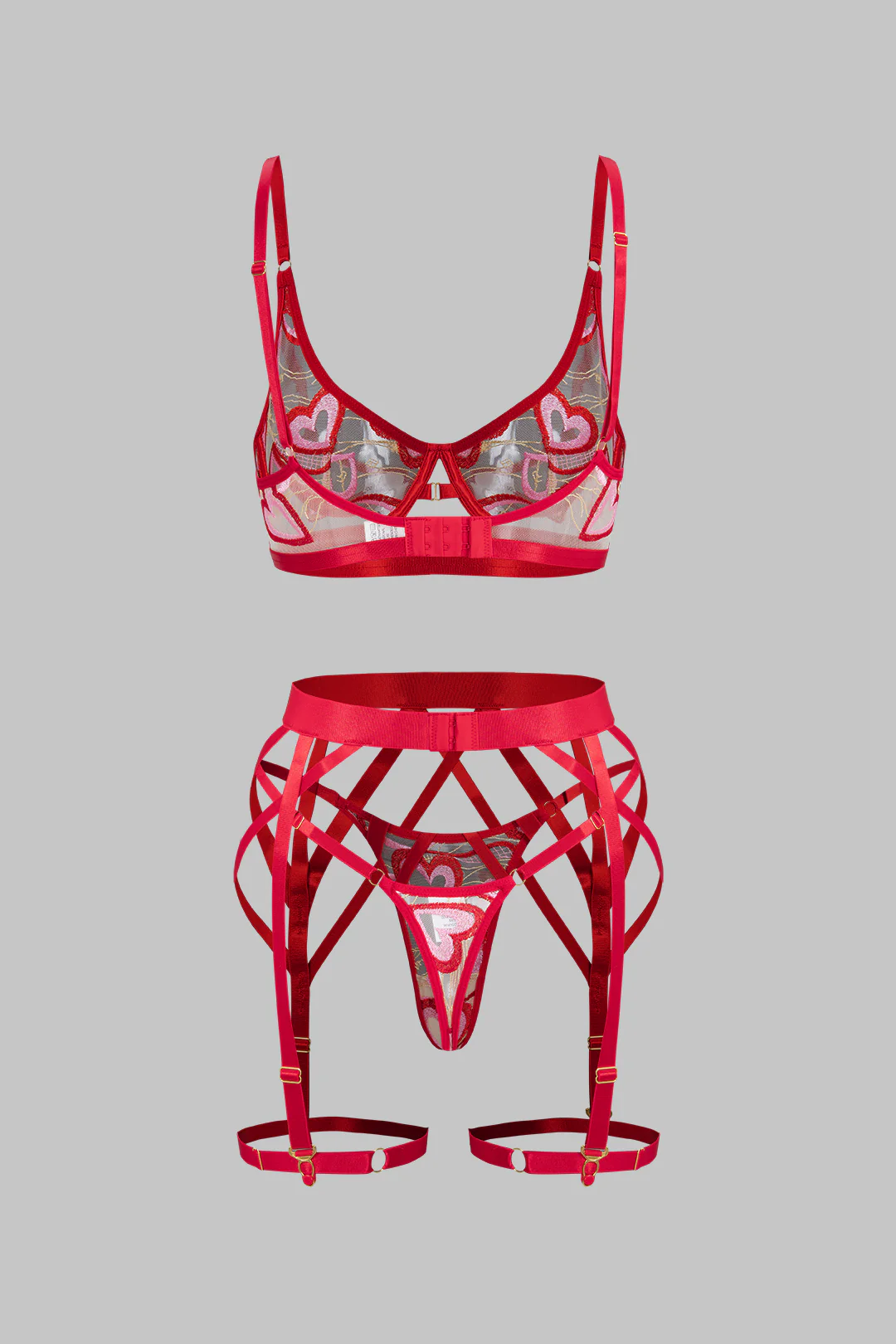 Sheer Mesh Embroidery Cut Out Lingerie Garter Set - Image 7