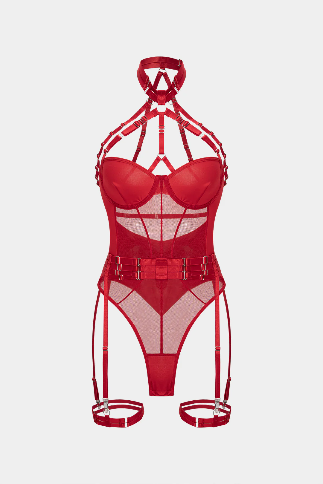 Mesh Chain Halter Neck Backless Lingerie Garter Set - Image 5