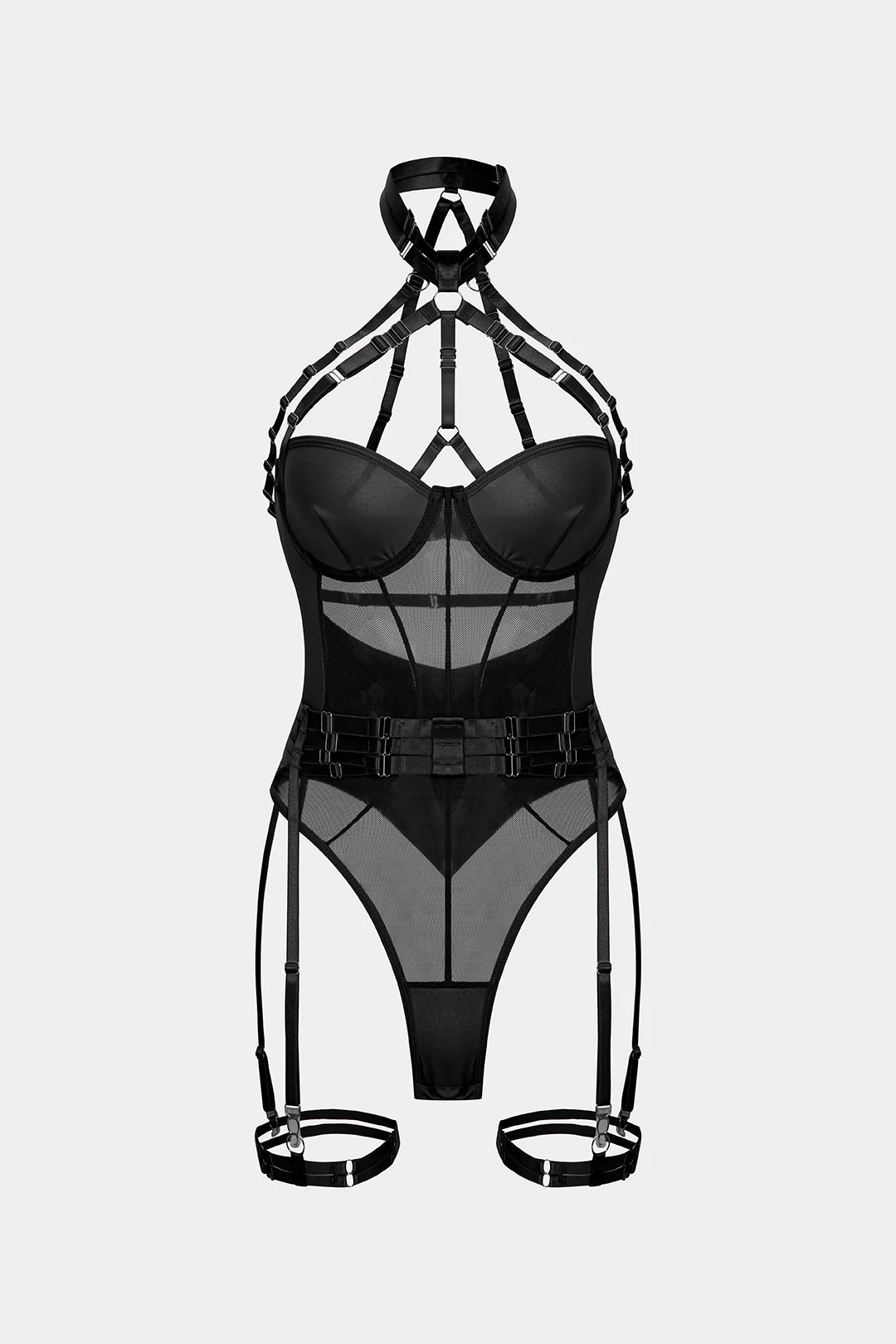 Mesh Chain Halter Neck Backless Lingerie Garter Set - Image 9