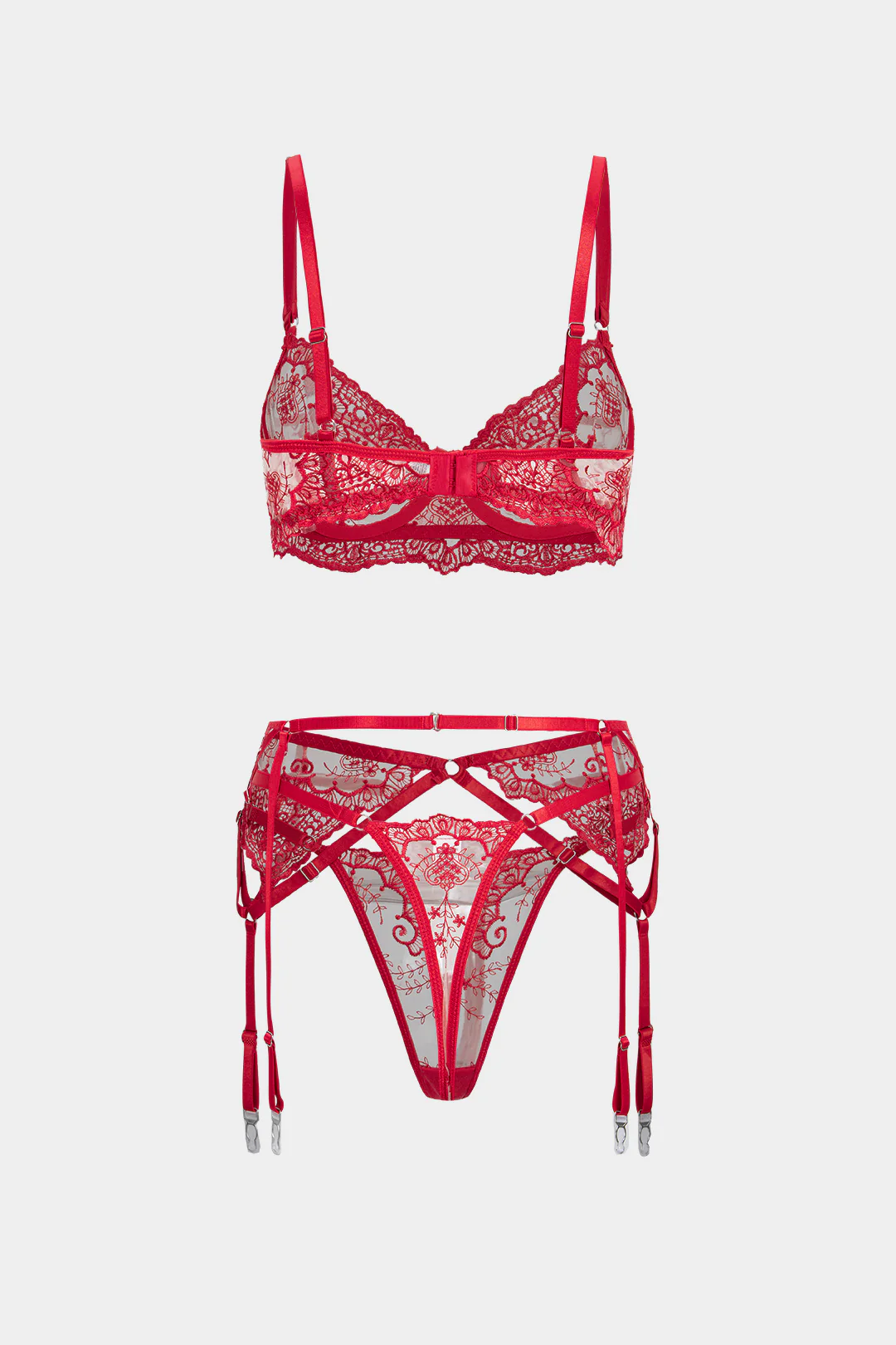 Embroidery Sheer Underwire Lingerie Garter Set - Image 6