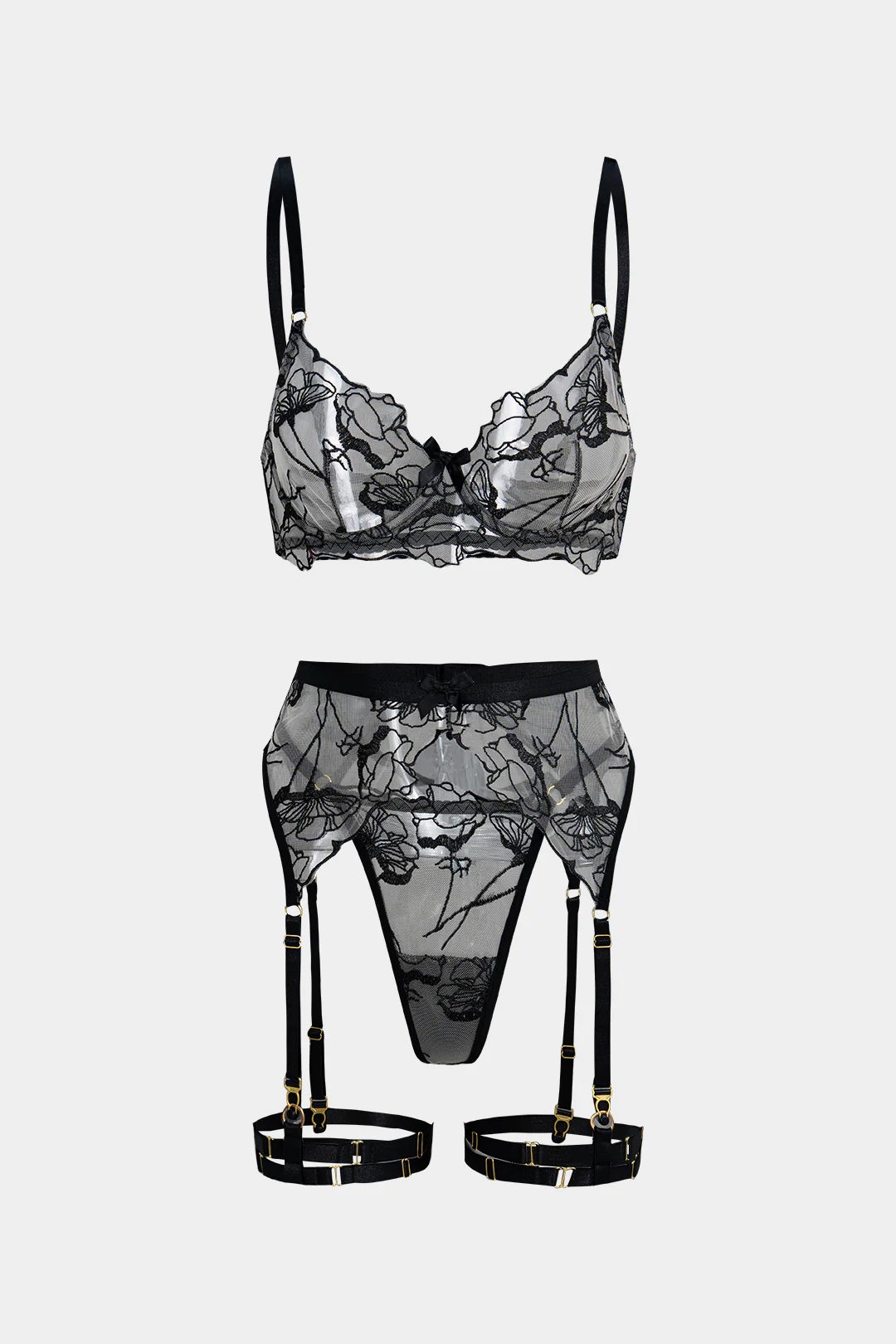 Embroidery Sheer Underwire Lingerie Garter Set - Image 6