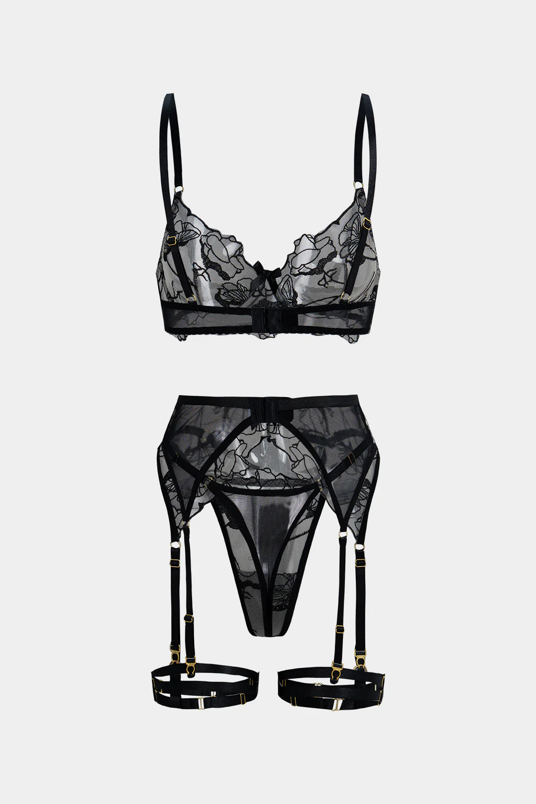Embroidery Sheer Underwire Lingerie Garter Set - Image 7