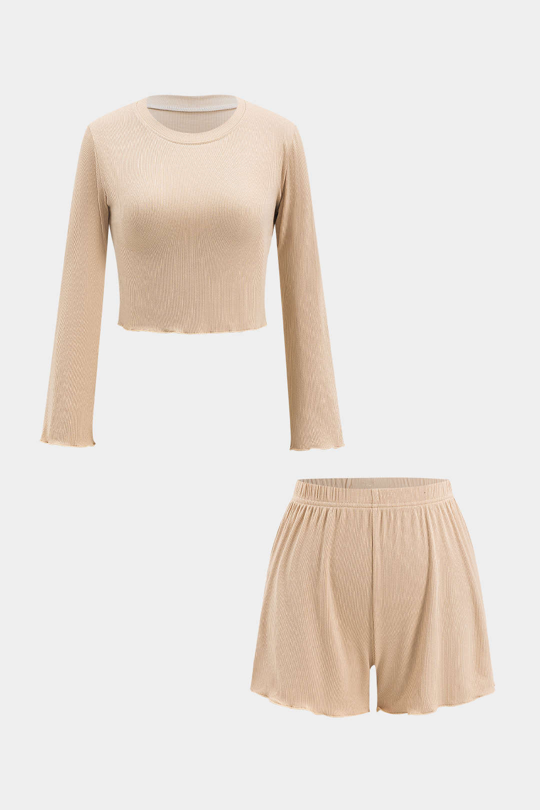 Solid Round Neck Long Sleeve Top And Shorts Set
