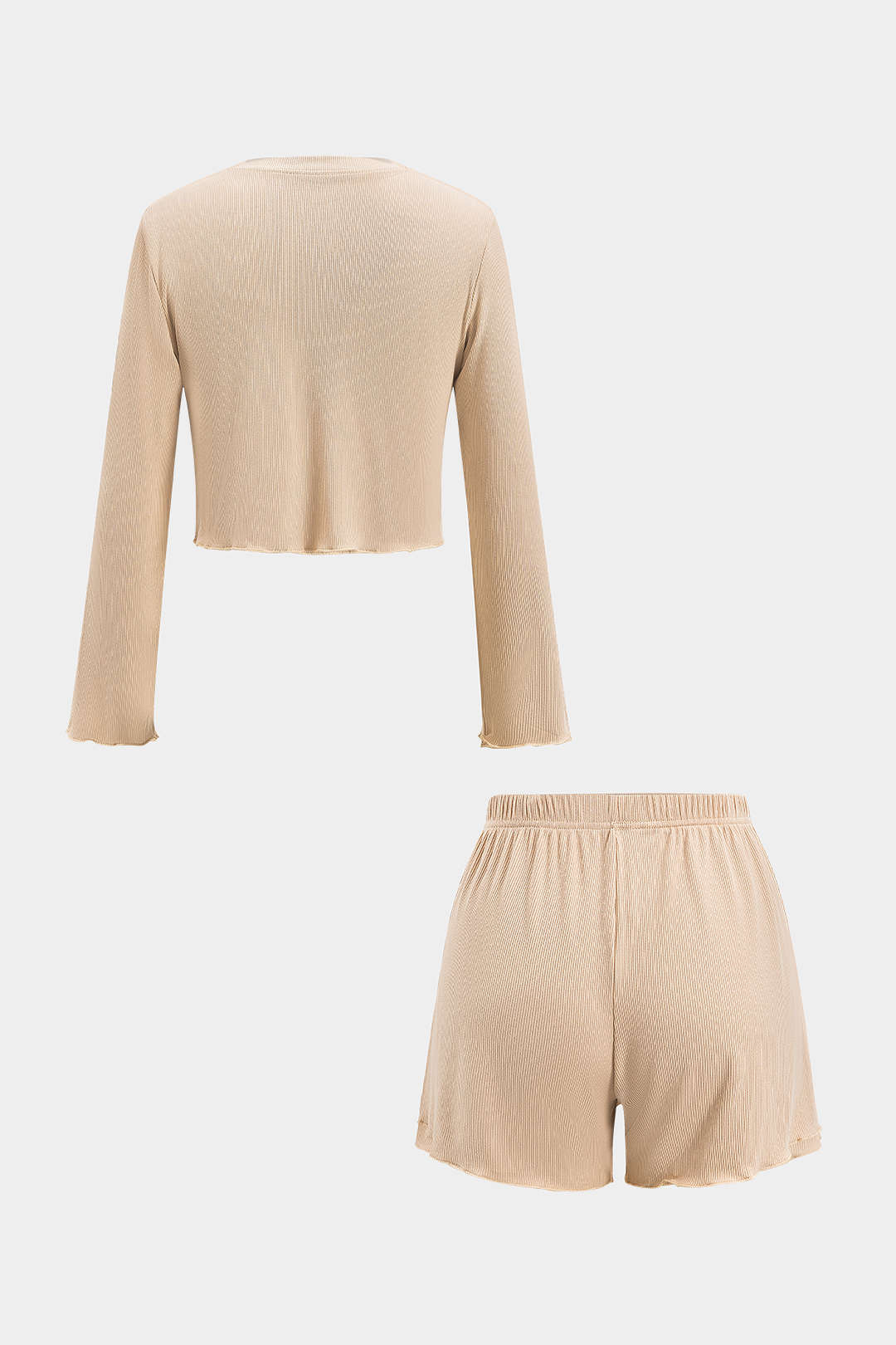 Solid Round Neck Long Sleeve Top And Shorts Set - Image 2