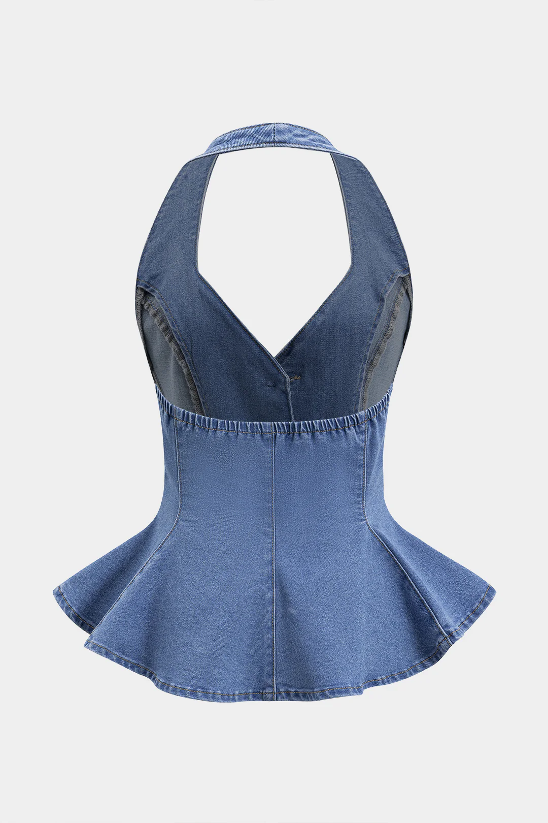 Denim Ruched Button Backless Crop Top - Image 2