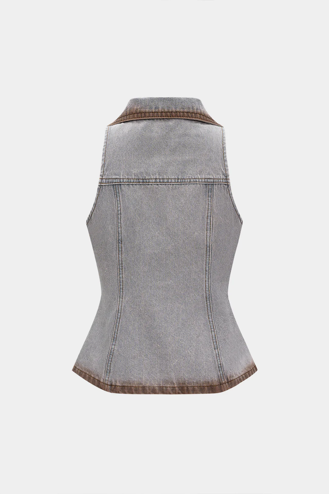 Denim Contrast Binding Button Washed V-Neck Crop Top - Image 2